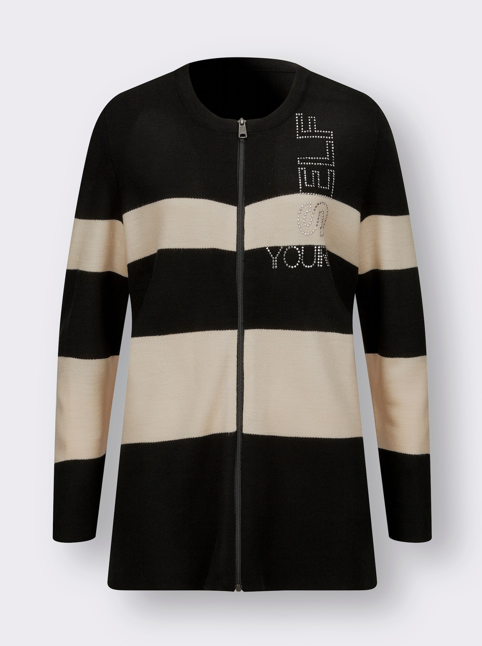 Longstrickjacke mit Glitzersteinchen - elfenbein-schwarz-gemustert