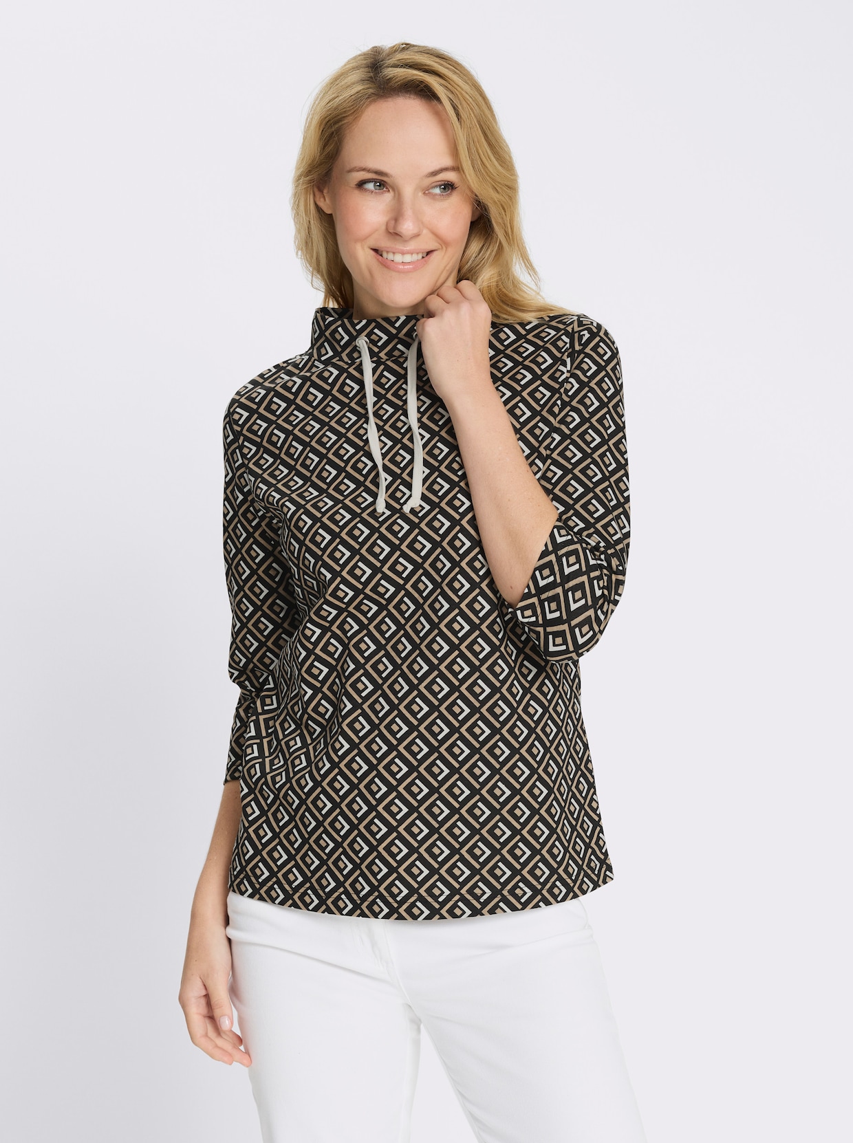 Stehkragenshirt mit weitem Stehkragen - beige-schwarz-bedruckt