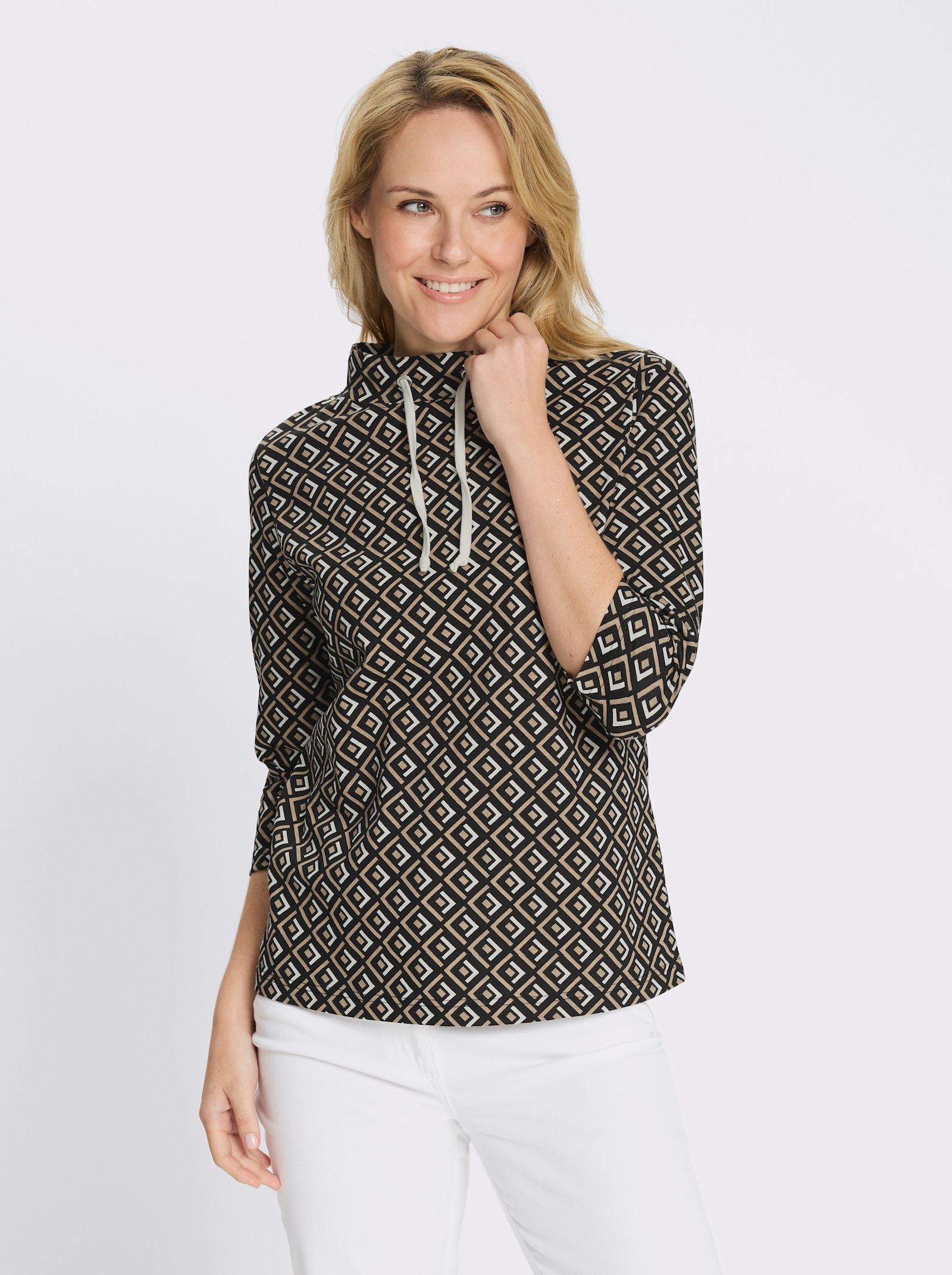 Stehkragenshirt mit weitem Stehkragen - beige-schwarz-bedruckt