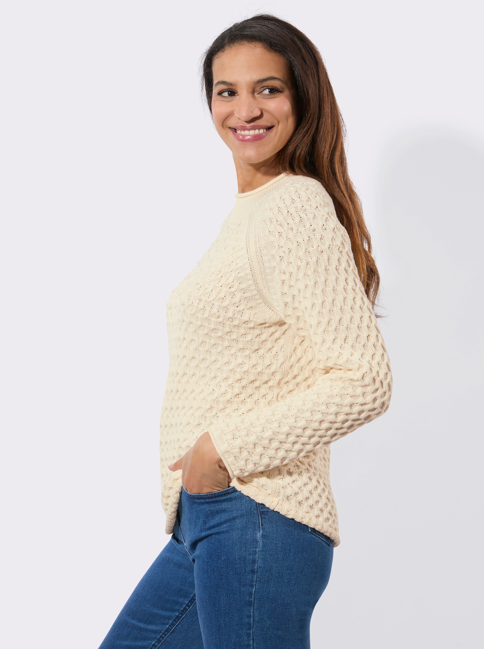 Stehkragenpullover mit Zierperlen - champagner