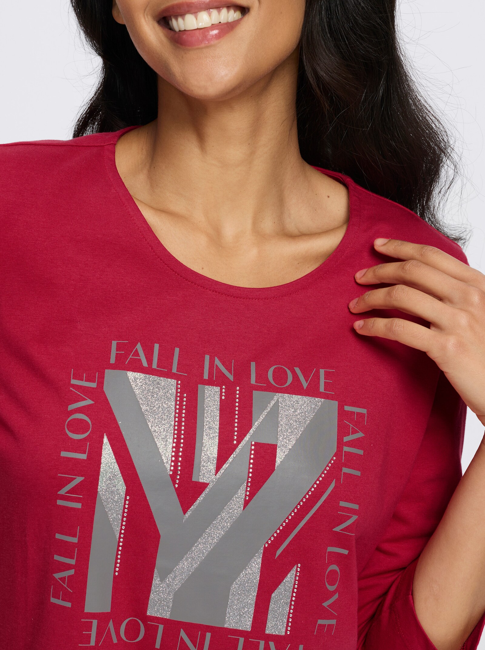 3/4-Arm-Shirt mit Glitzerdruck - rot-grau