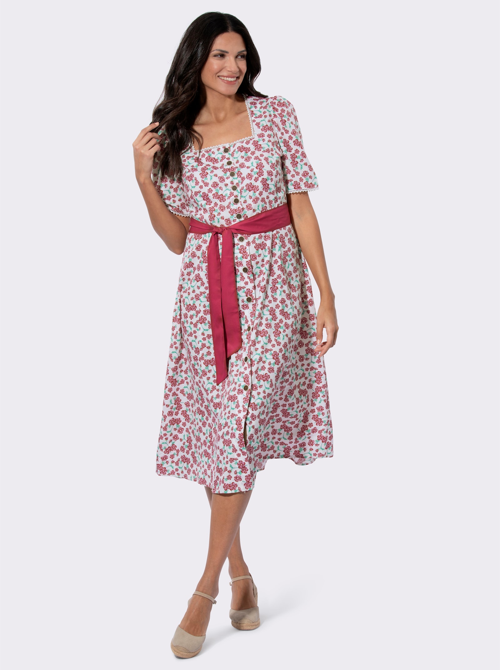 Trachtenkleid mit floralem Muster - weiß-rot-bedruckt