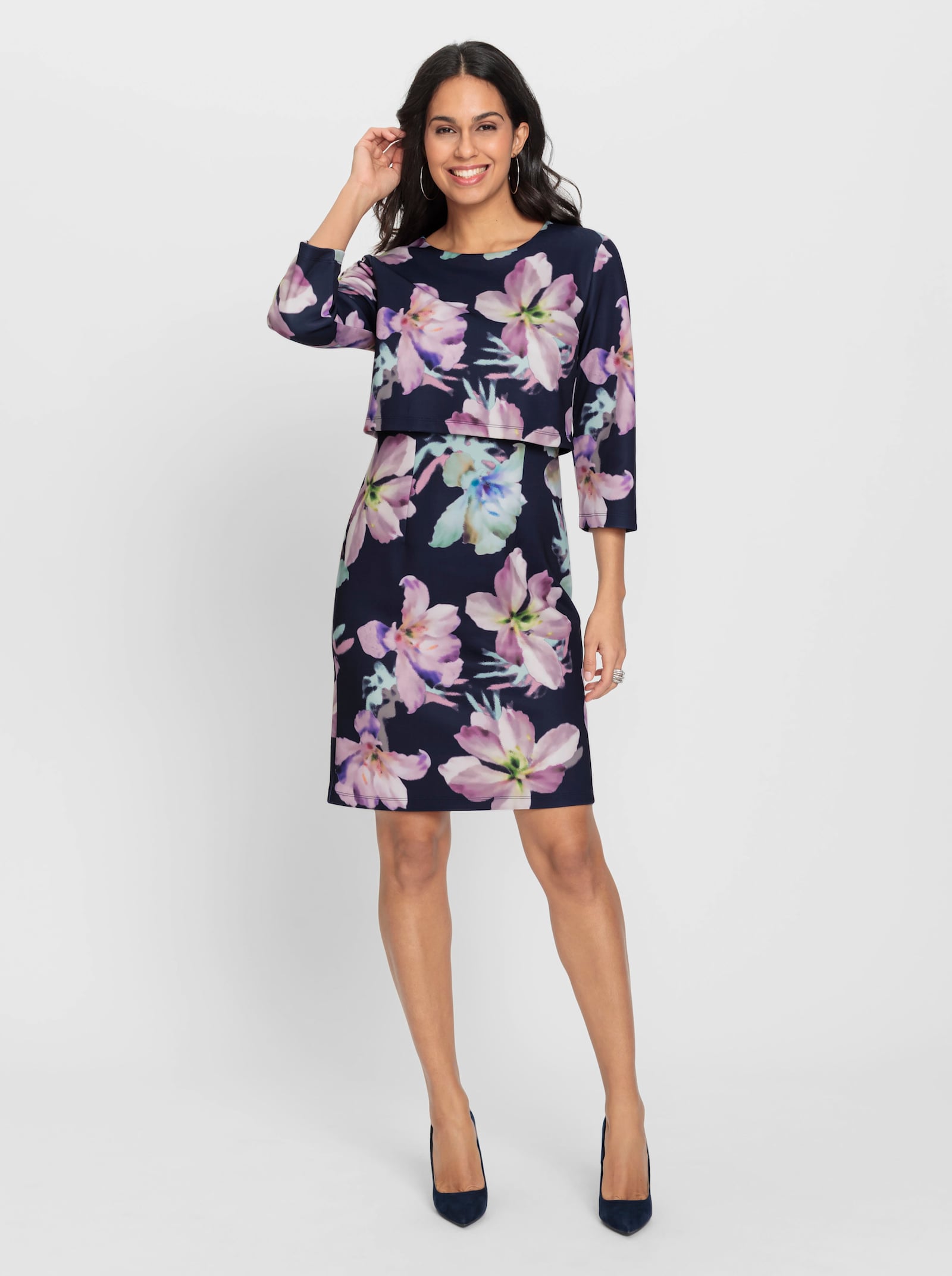 Jerseykleid mit Innenfutter - marine-kalkmint-bedruckt