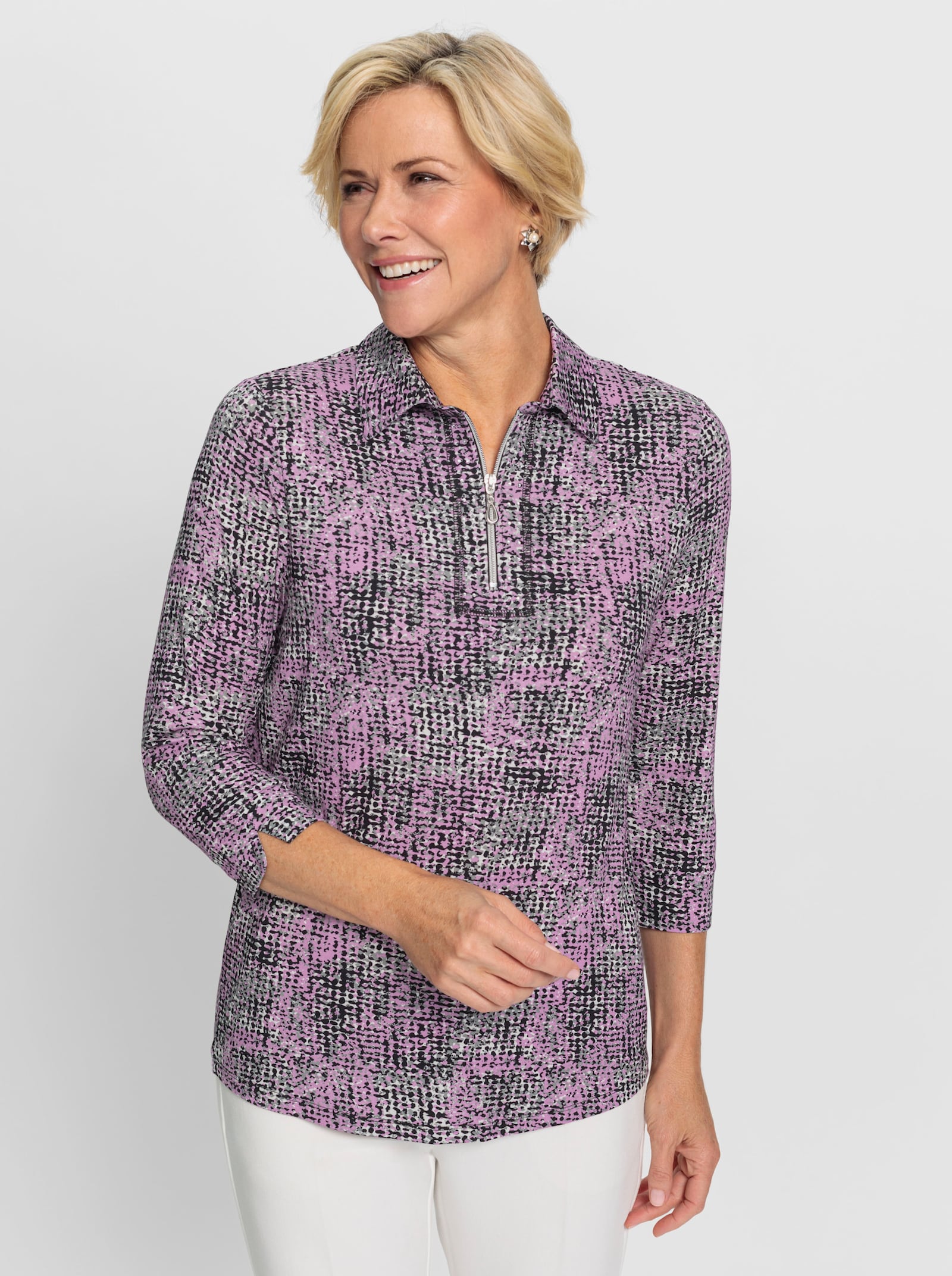 Poloshirt in fantasierijk dessin - orchidee/ecru bedrukt