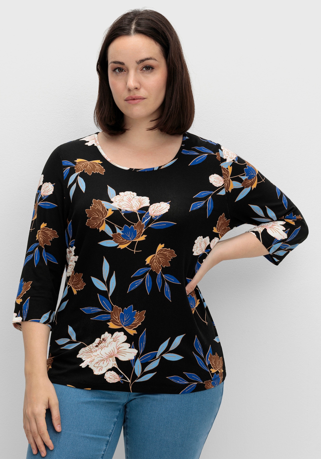 Print-Shirt mit floralem Muster - royalblau-ocker-bedruckt