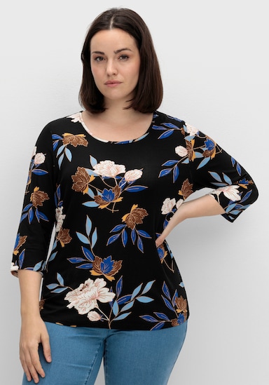Print-Shirt mit floralem Muster - royalblau-ocker-bedruckt