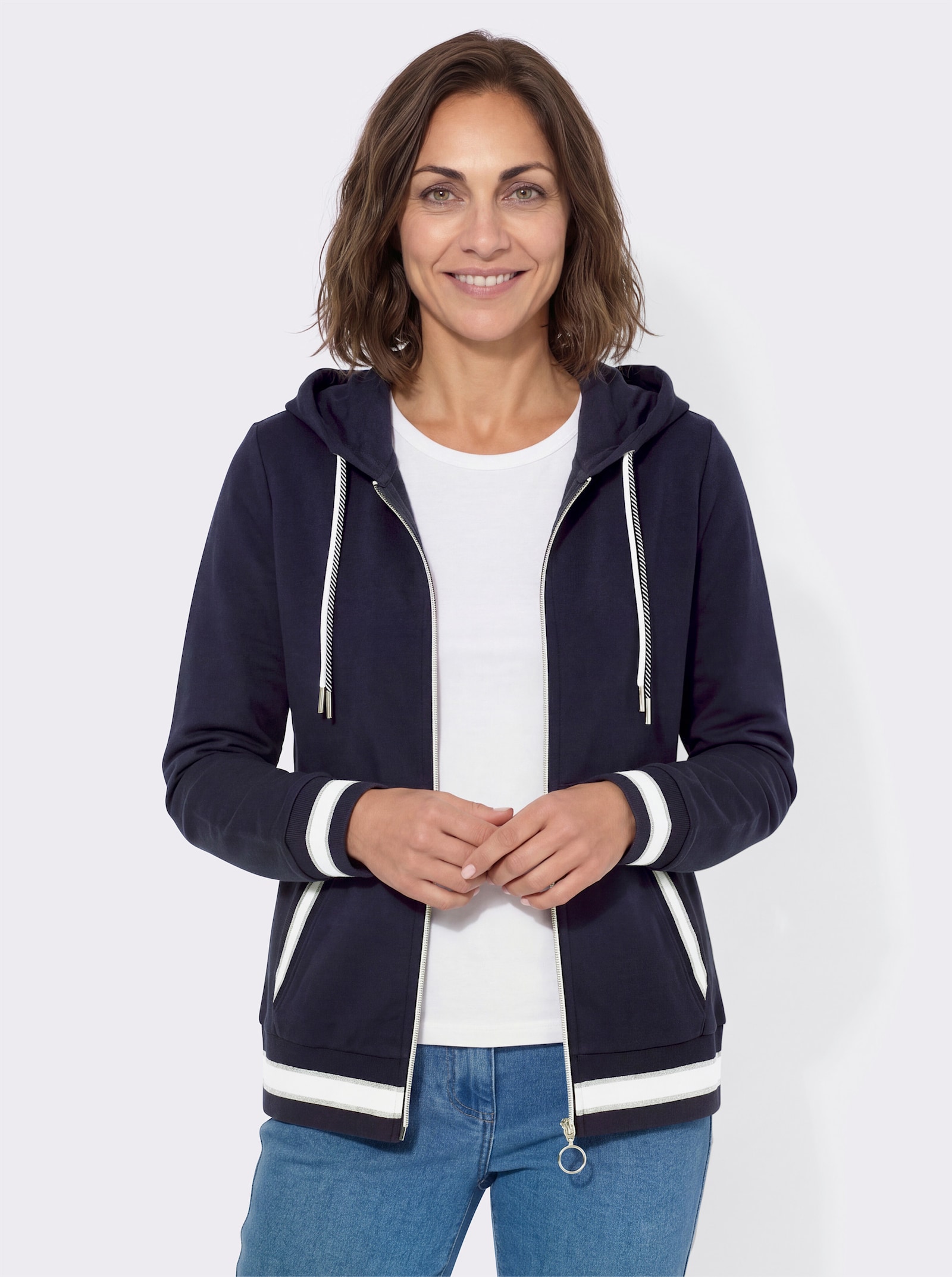Sweatjacke mit Känguru-Tasche - marine-ecru