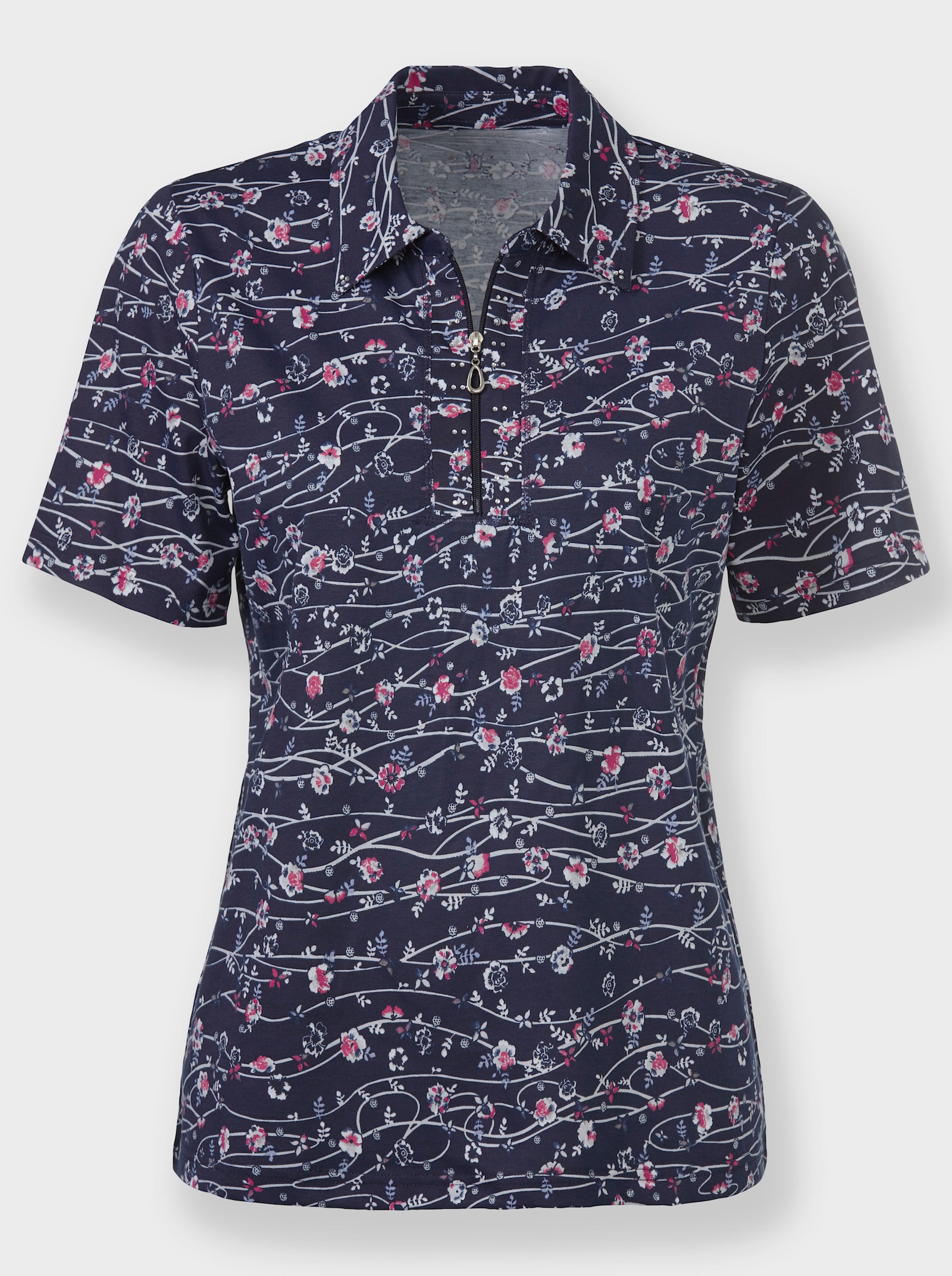  Poloshirt mit floralem Dessin - marine-fuchsia-bedruckt