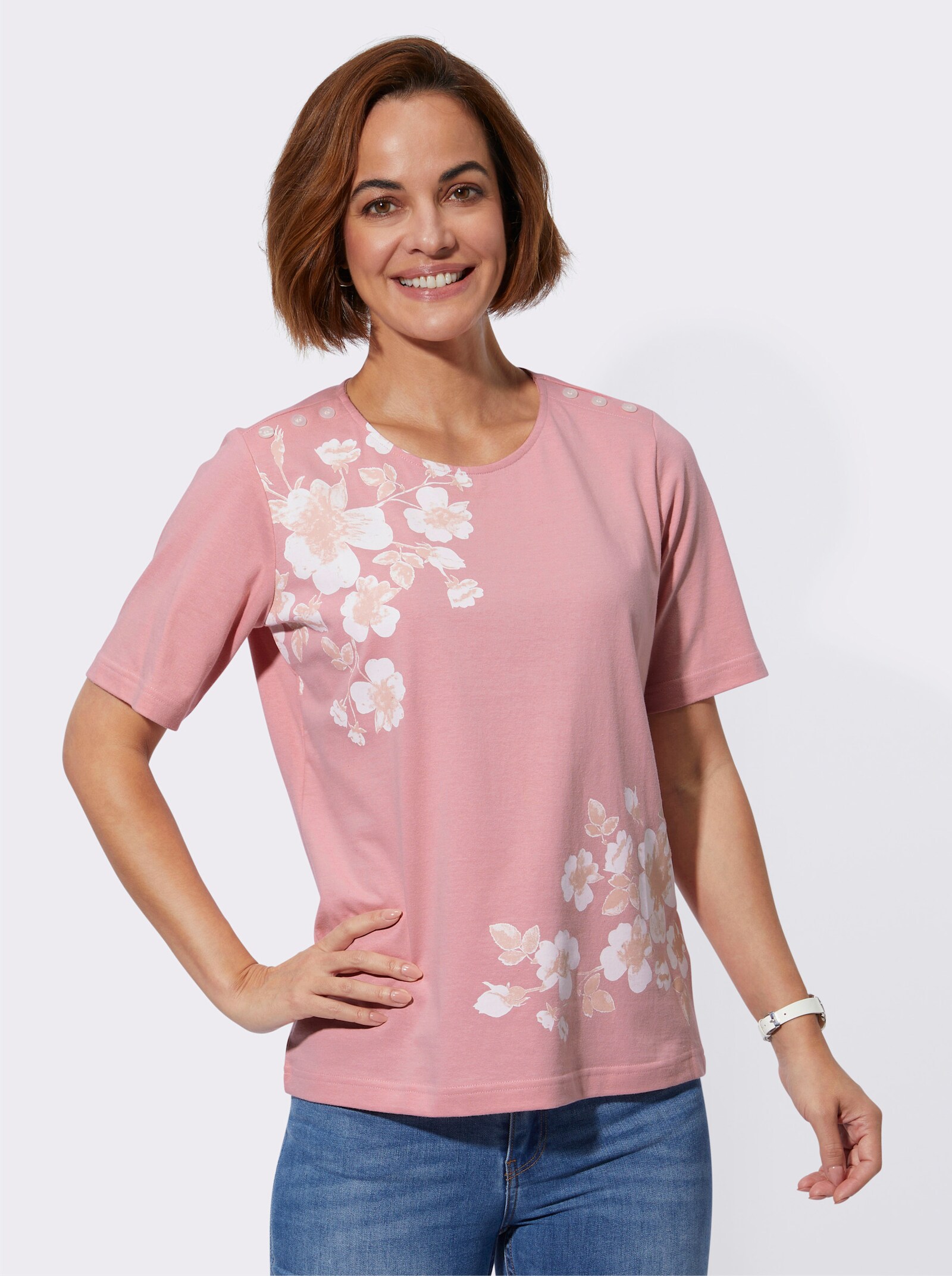 Shirt met ronde hals en sierknopen op de schouders - rozenkwarts bedrukt