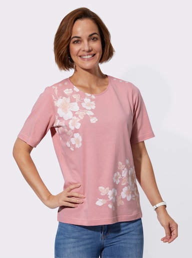 Rundhalsshirt mit Zierknöpfen auf den Schultern - rosenquarz-bedruckt