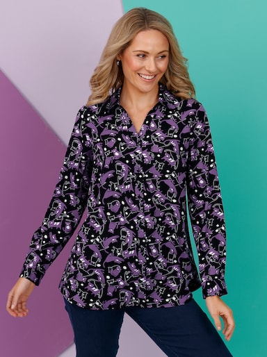 Longbluse - schwarz-lila-bedruckt