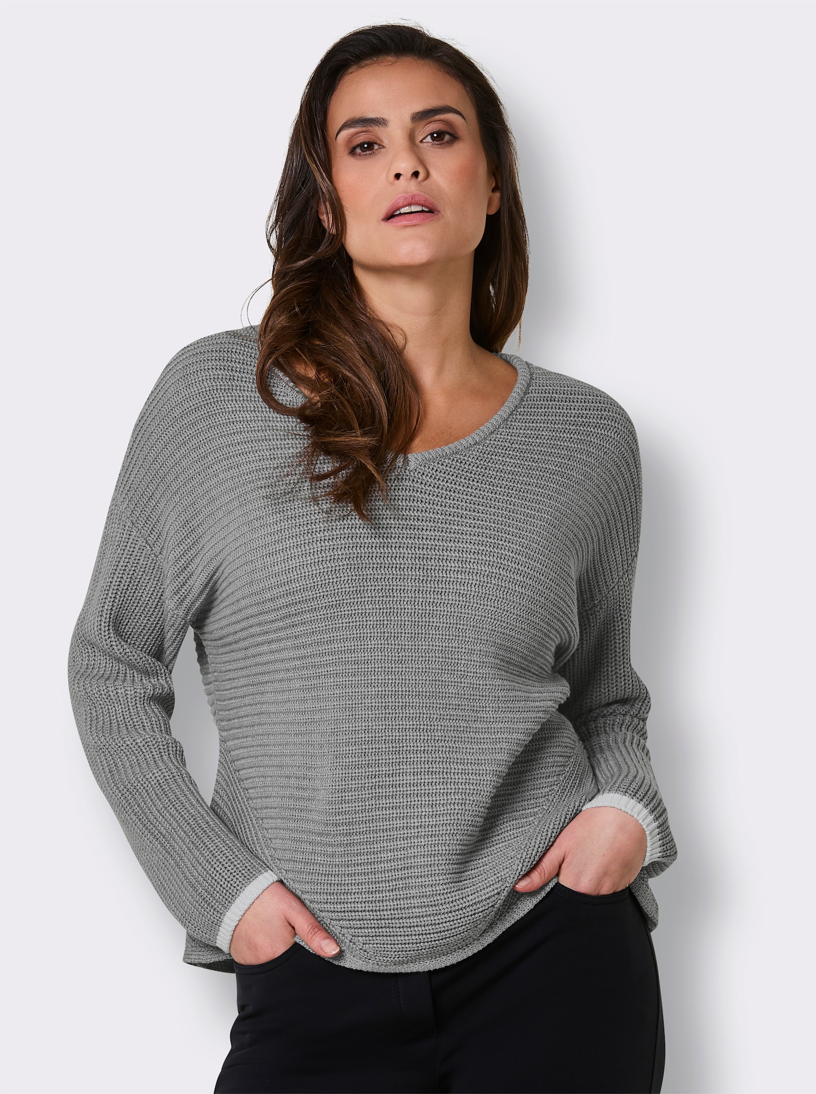 CREATION L PREMIUM Langarm-Pullover mit Kontrastkanten - steingrau-meliert