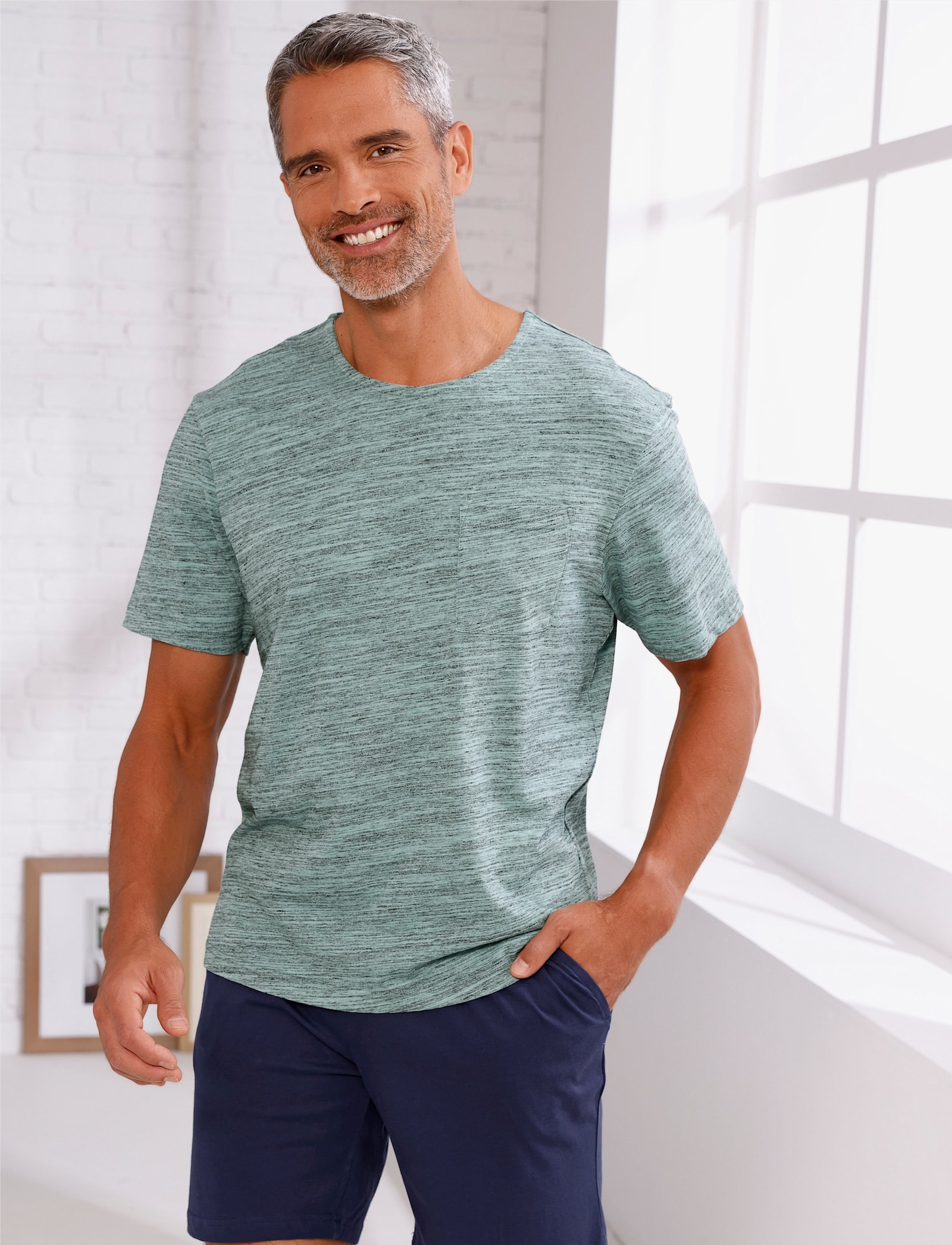 Schlafanzugshirt mit Brusttasche - salbei-meliert