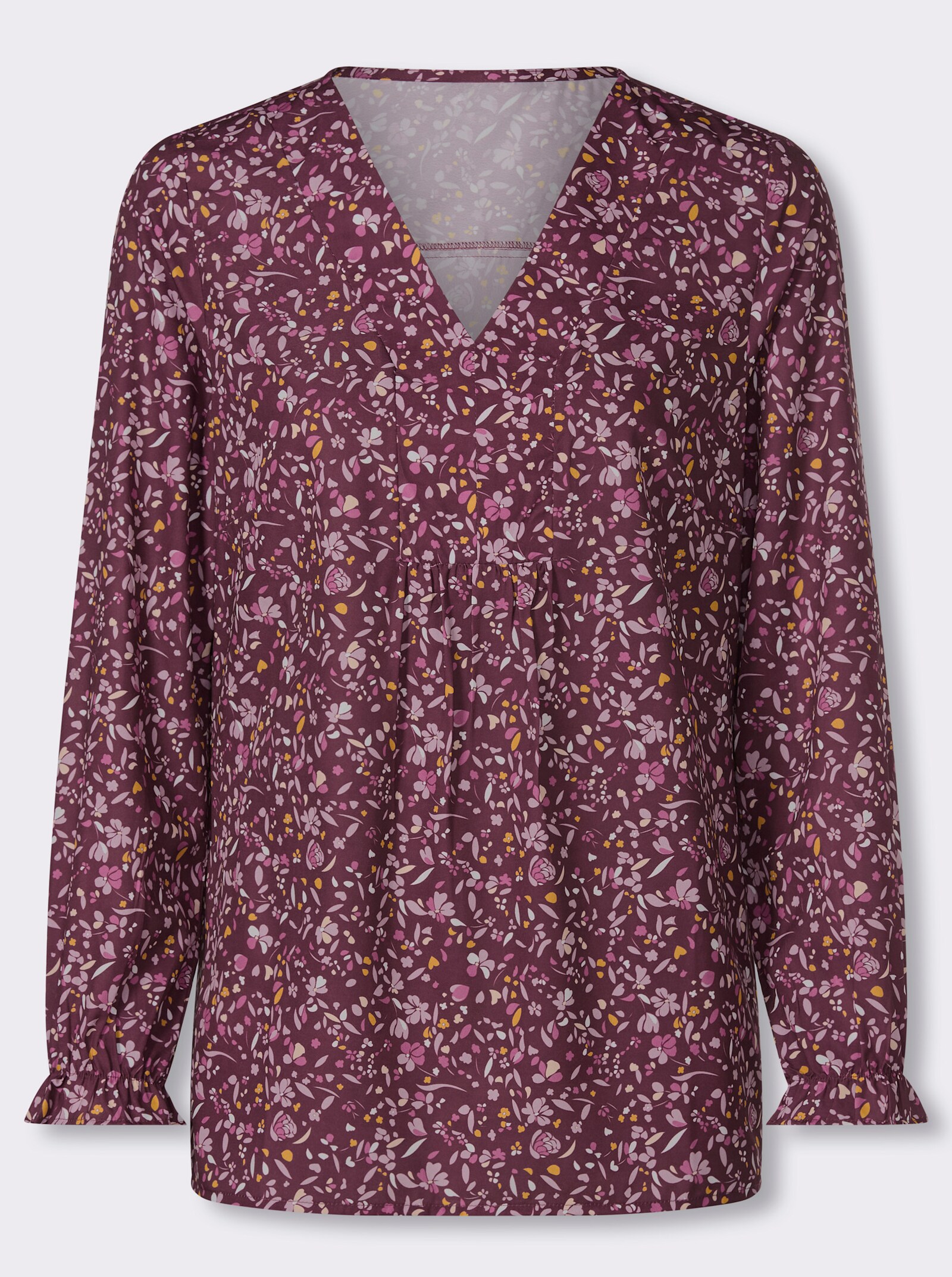 Schlupfbluse mit Volants an den Ärmeln - burgund-mauve-bedruckt