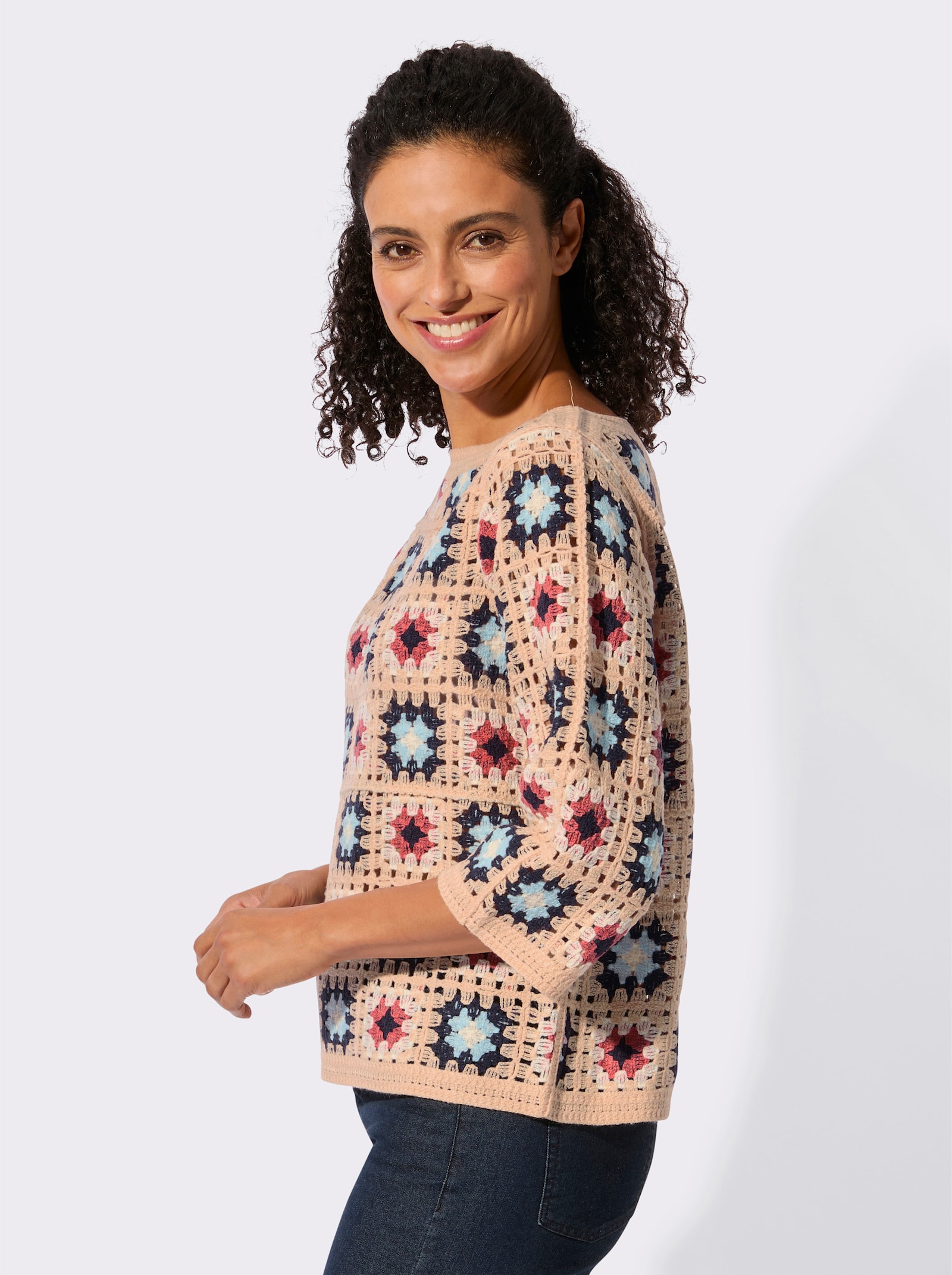 Pullover in Häkel-Optik - apricot-koralle-gemustert