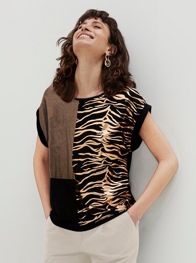 Kurzarmshirt in Viskose-Qualität - schwarz-kupferfarben-bedruckt