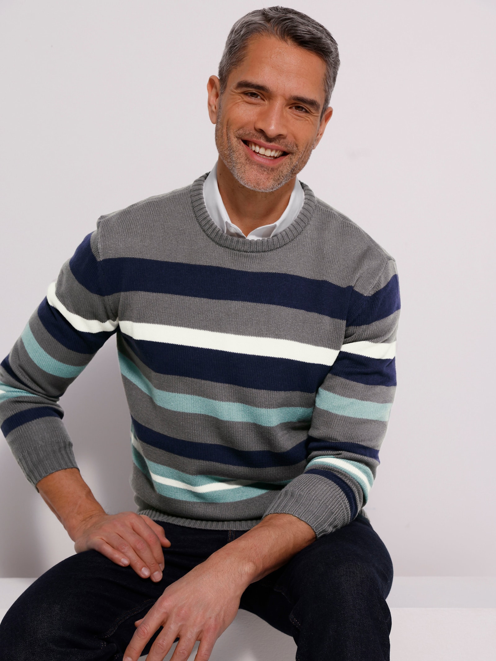 Rundhalspullover im Ringel-Dessin - anthrazit-jade-gemustert