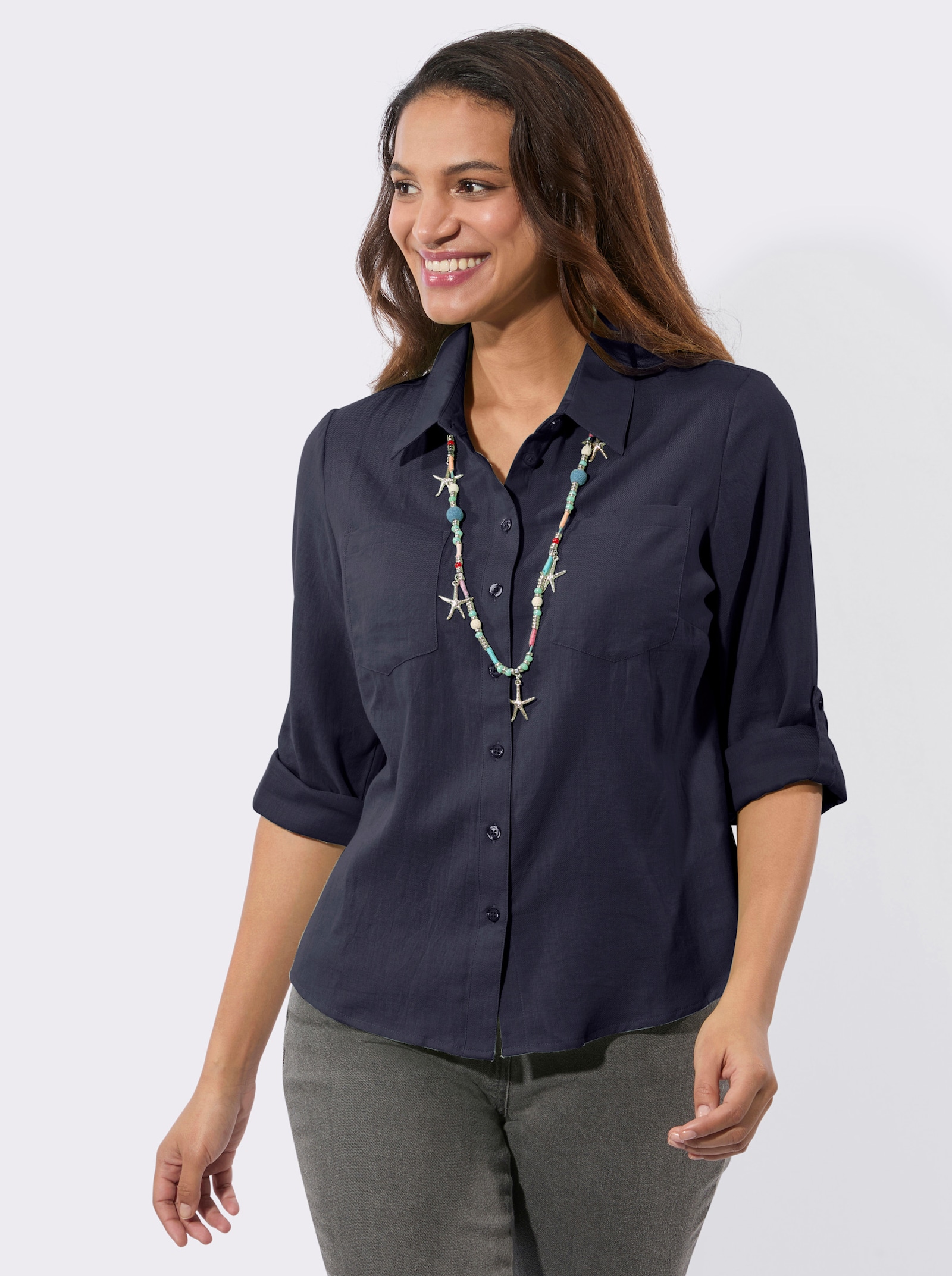Flanellbluse mit Karomuster-Details - marine