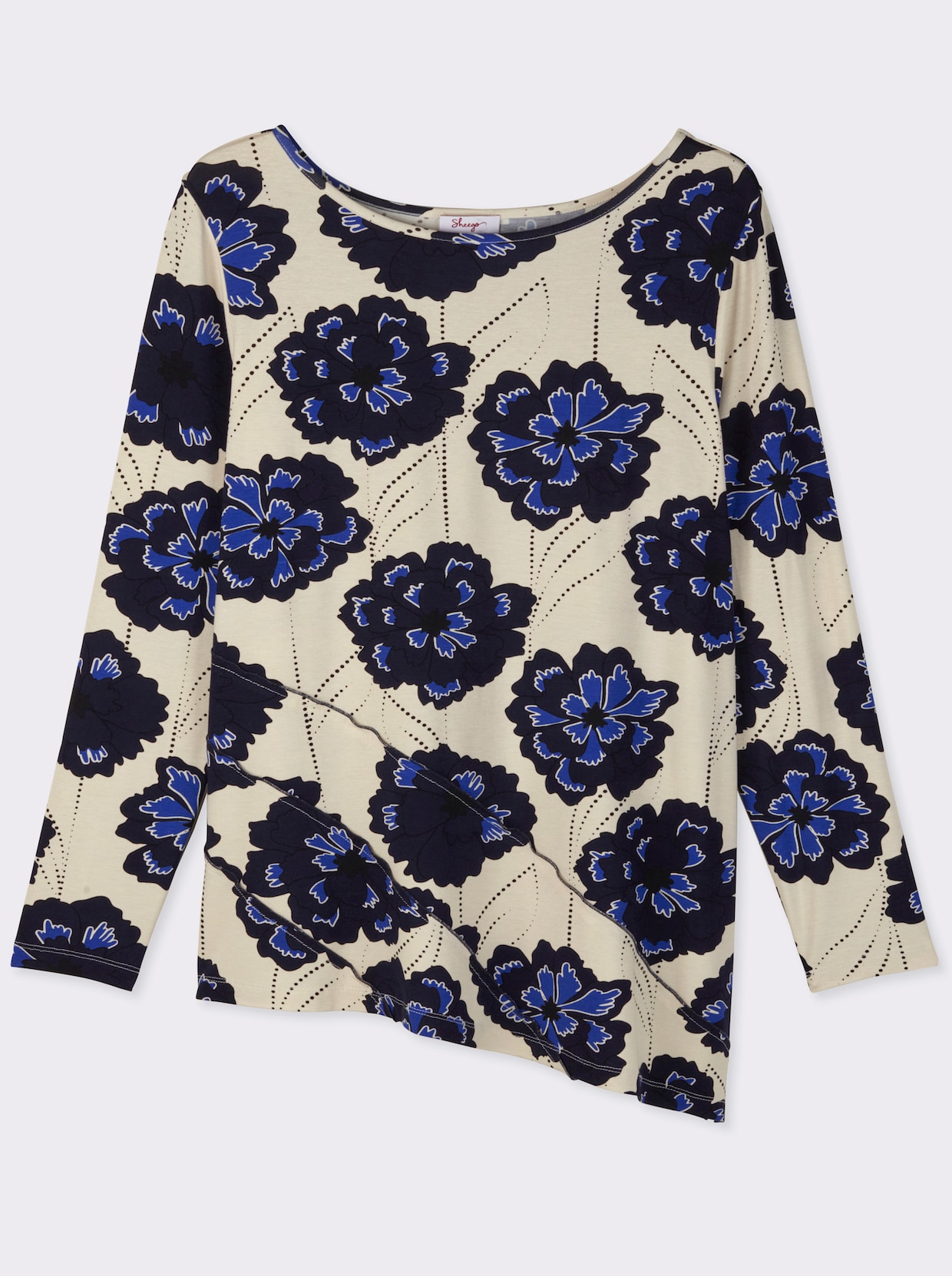 sheego Longshirt mit asymmetrischem Saum - champagner-tiefblau-bedruckt