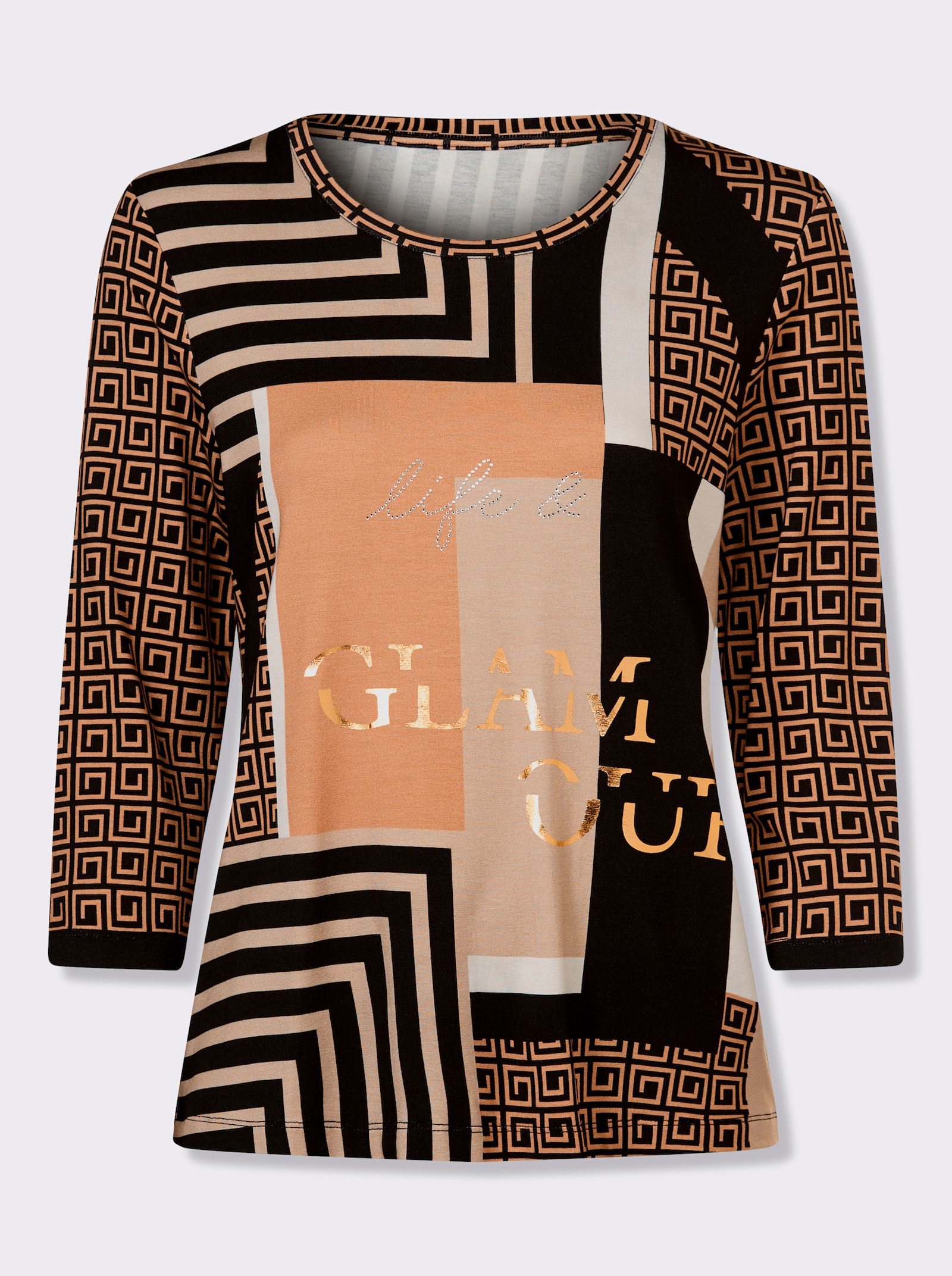 heine 3/4-Arm-Shirt in Patch-Optik - camel-schwarz-bedruckt