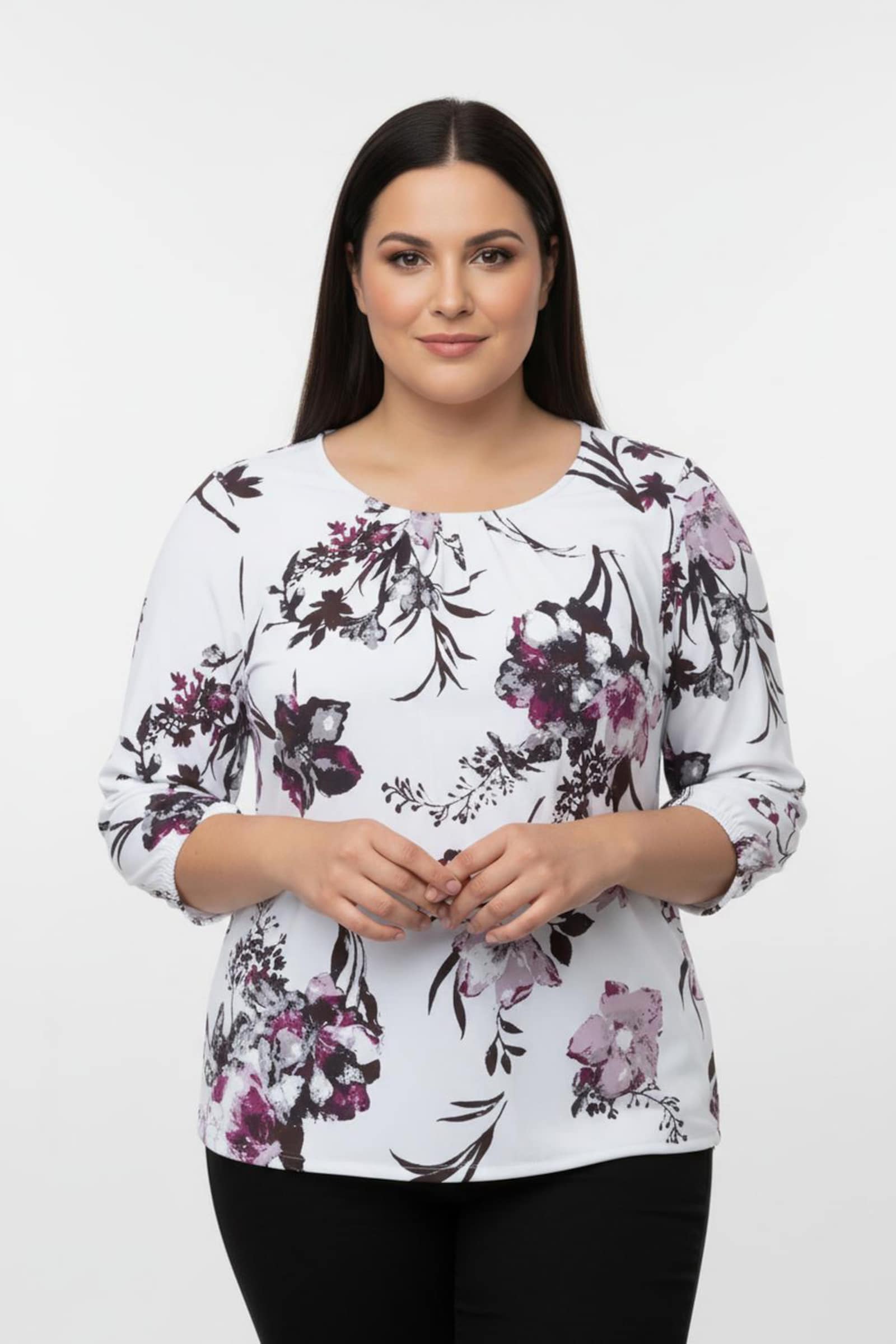 3/4-Arm-Shirt mit elastischen Abschlüssen - weiß-magenta-bedruckt