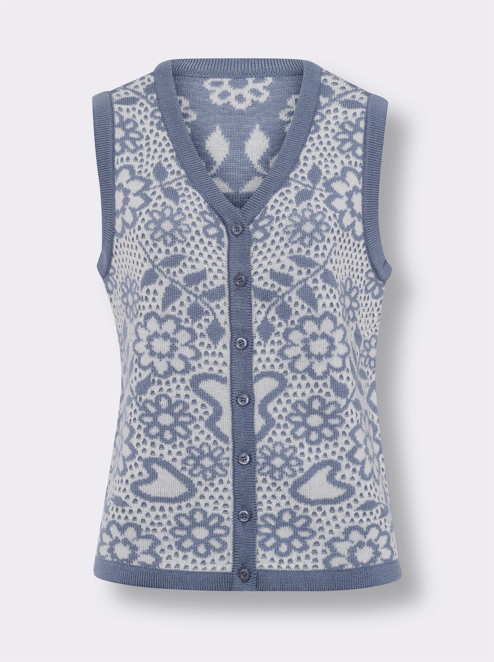 Pletená vesta s květinovým vzorem, žakár - ecru-holubí modrá-vzor