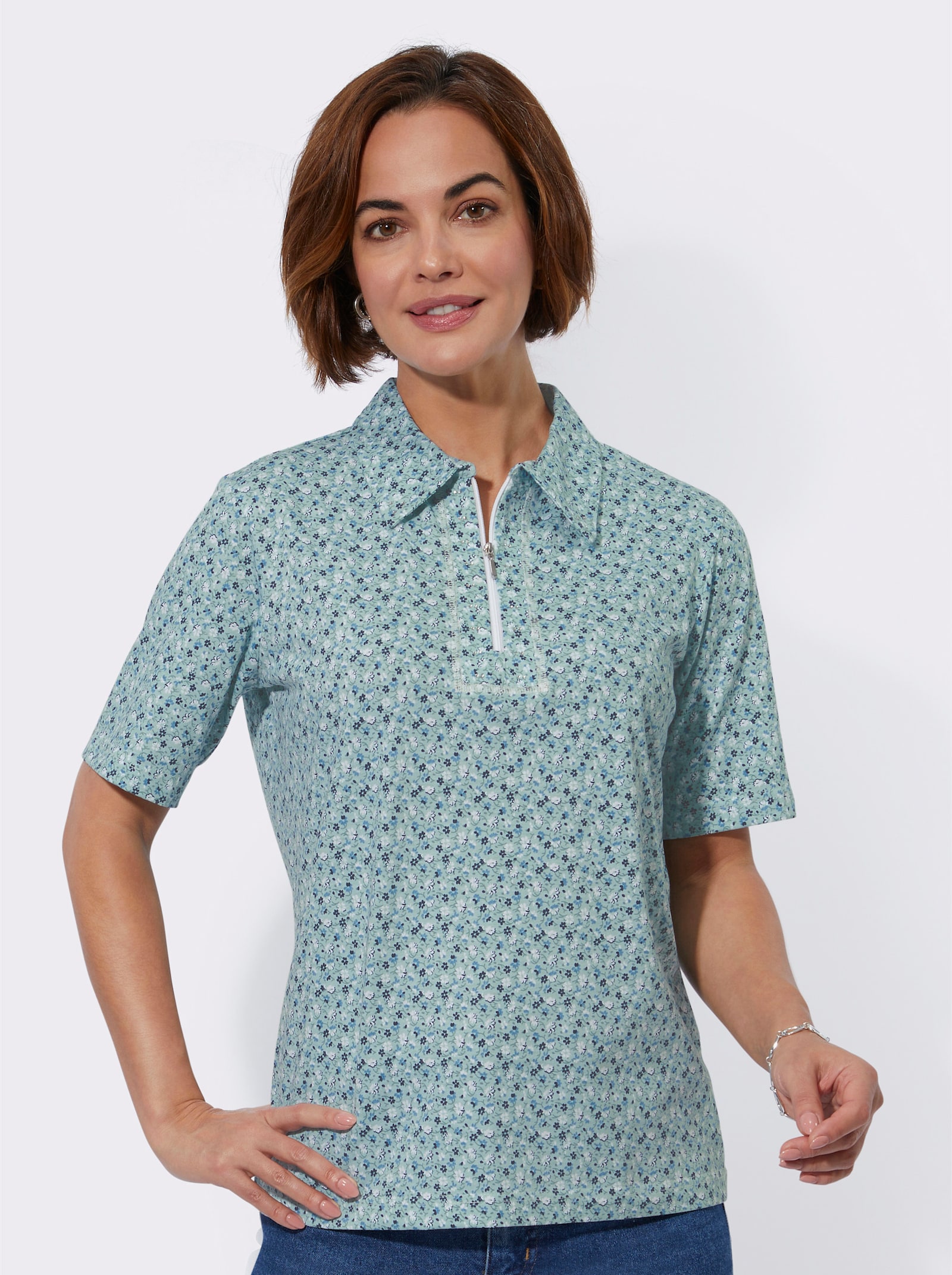 Poloshirt van katoen, bedrukt - kalkmint/wit bedrukt