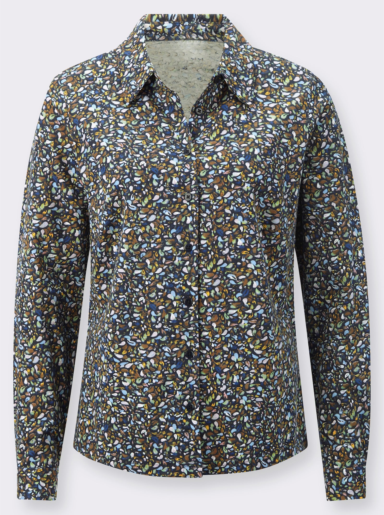 Žerzejová halenka z tvarově stálého materiálu - námořnická modrá-starorůžová-potisk