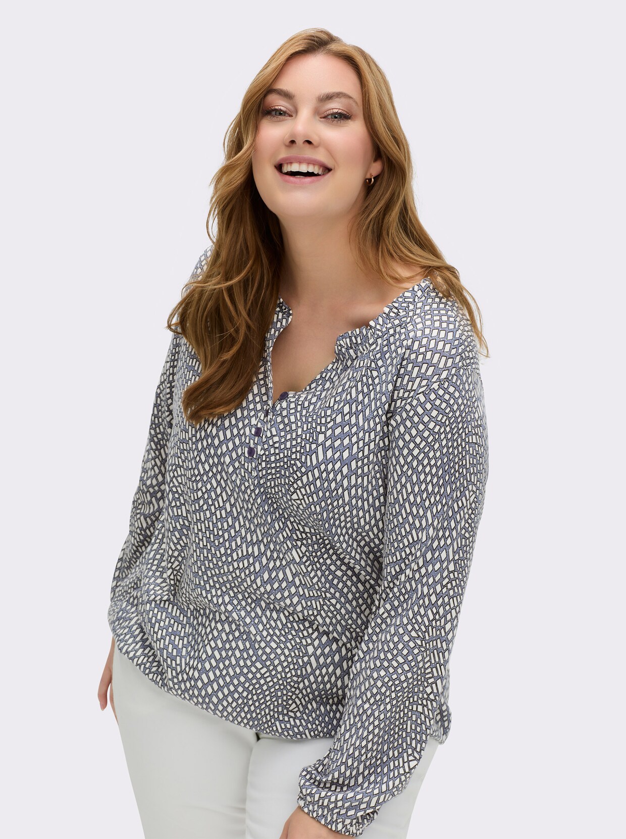 Langarmshirt im Material-Mix - rauchblau-ecru-bedruckt