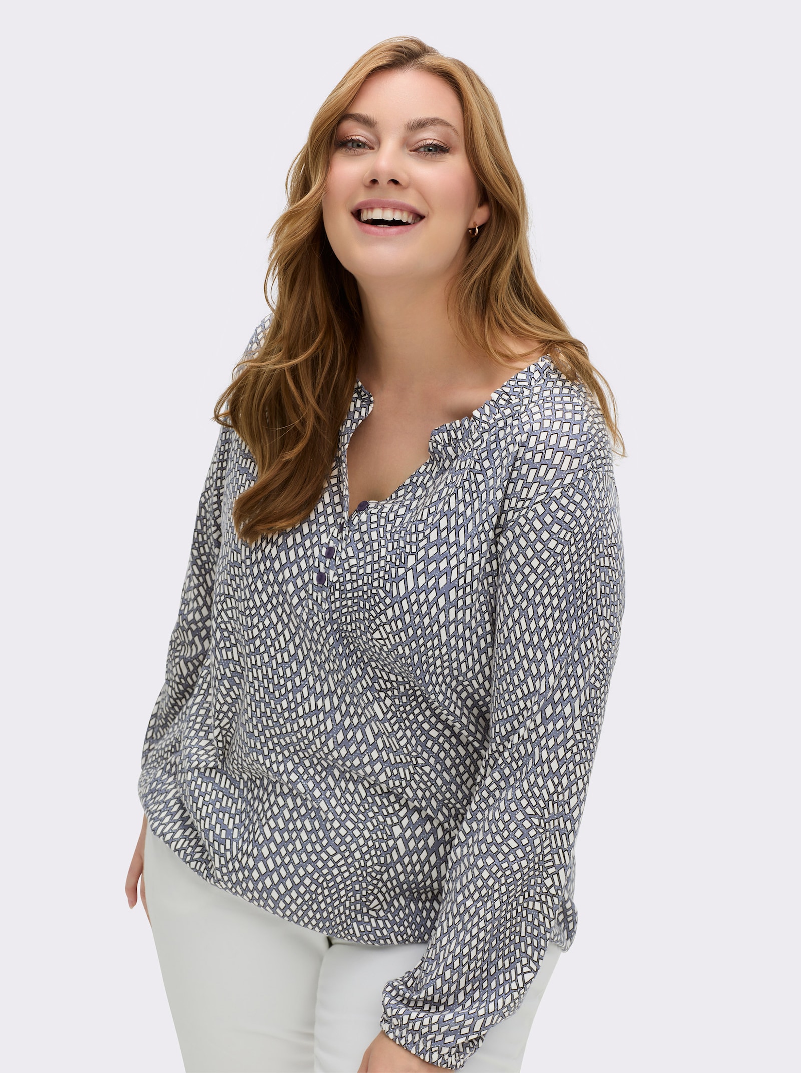 Langarmshirt im Material-Mix - rauchblau-ecru-bedruckt