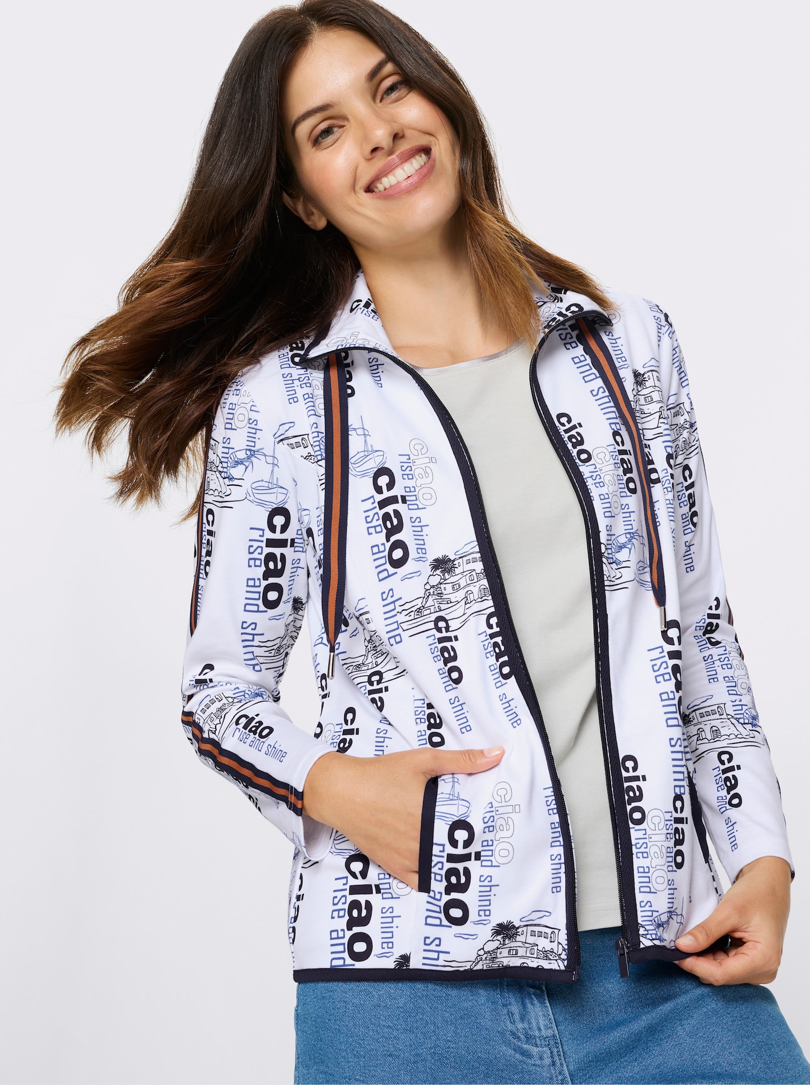 Sweatjacke mit maritimem Allover-Druck - weiß-marine-bedruckt