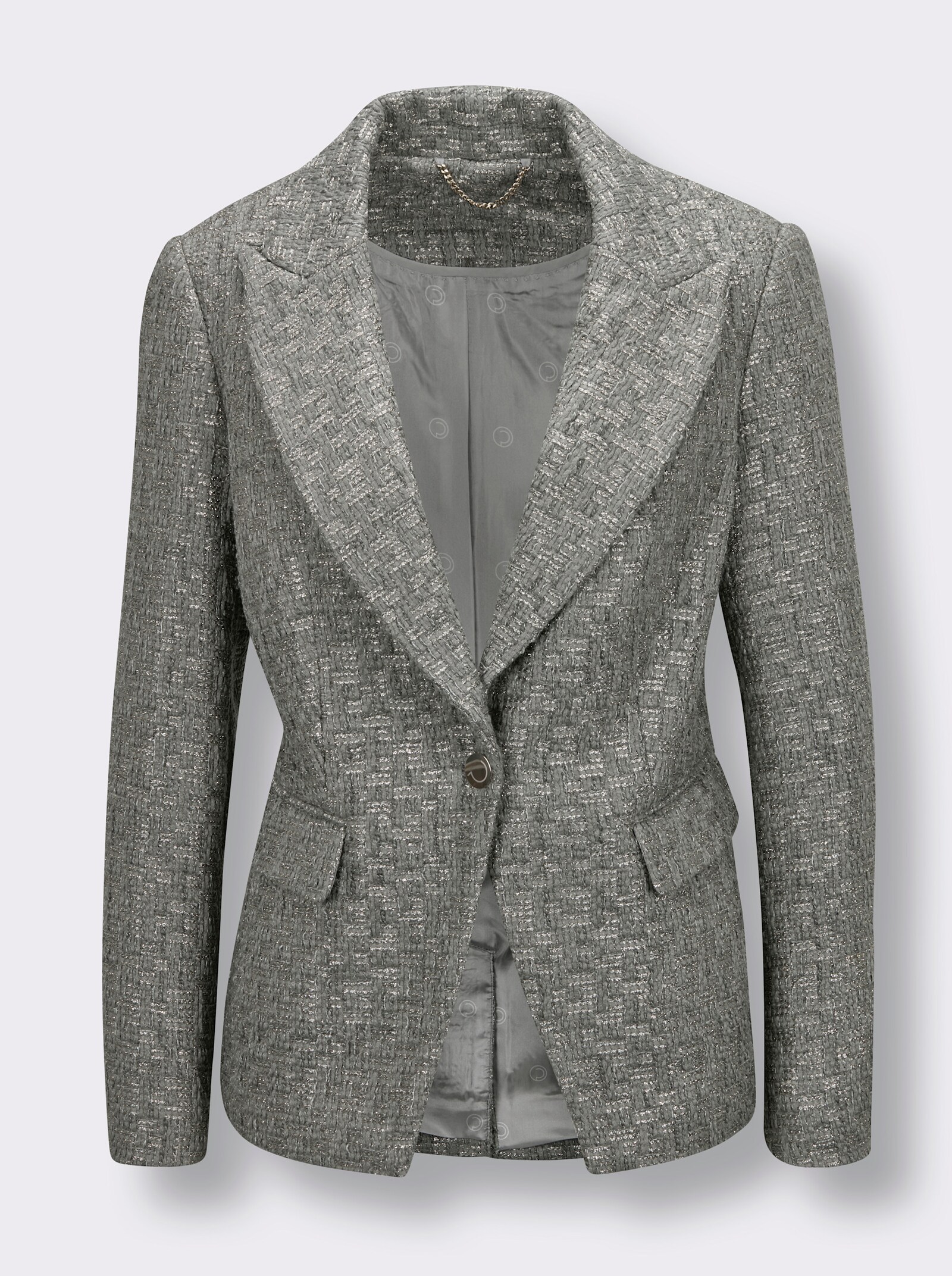 CREATION L PREMIUM Bouclé-Blazer mit schräger Kante - grau-goldfarben-gemustert