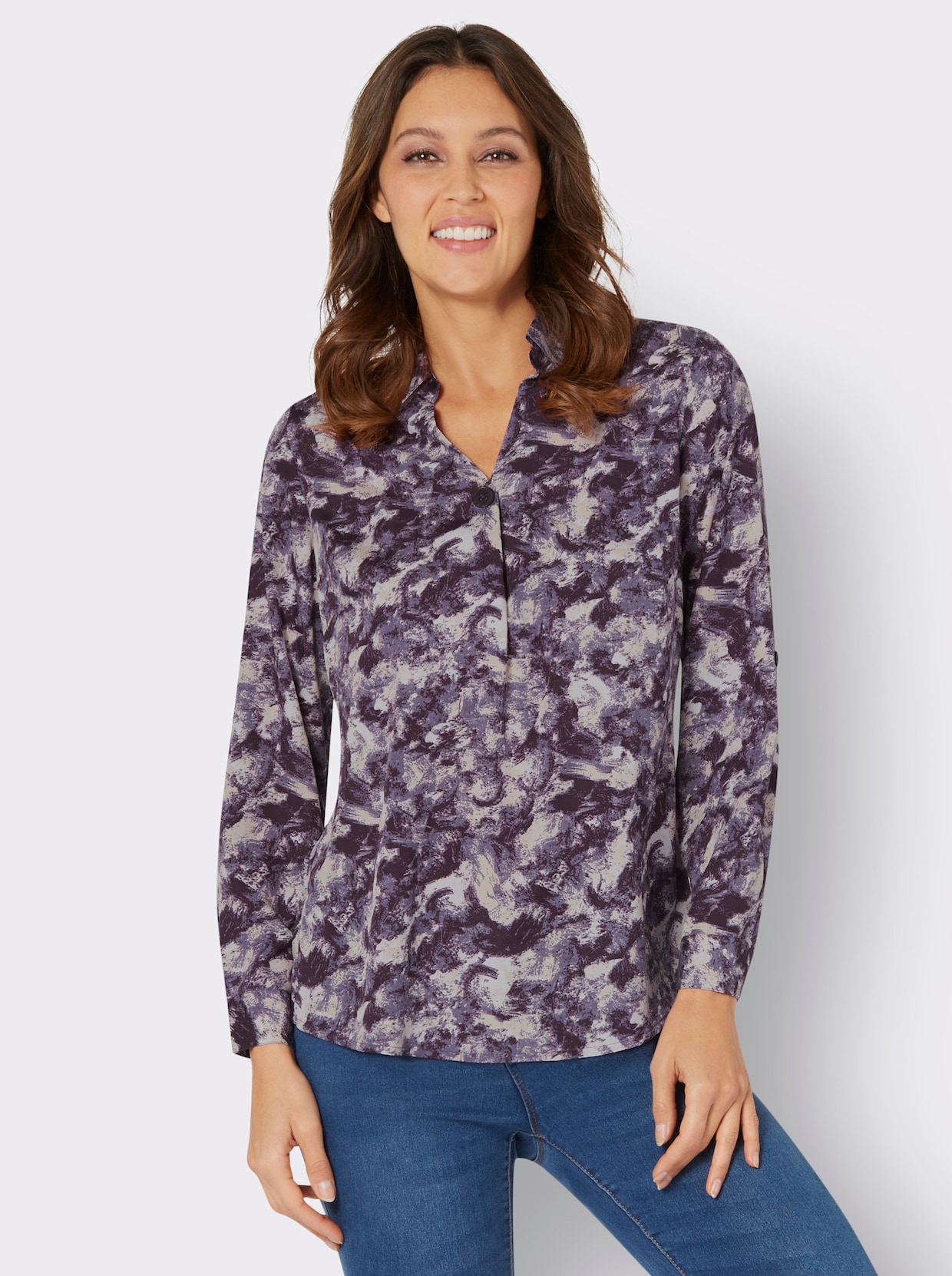 Comfortabele blouse - aubergine/lila bedrukt