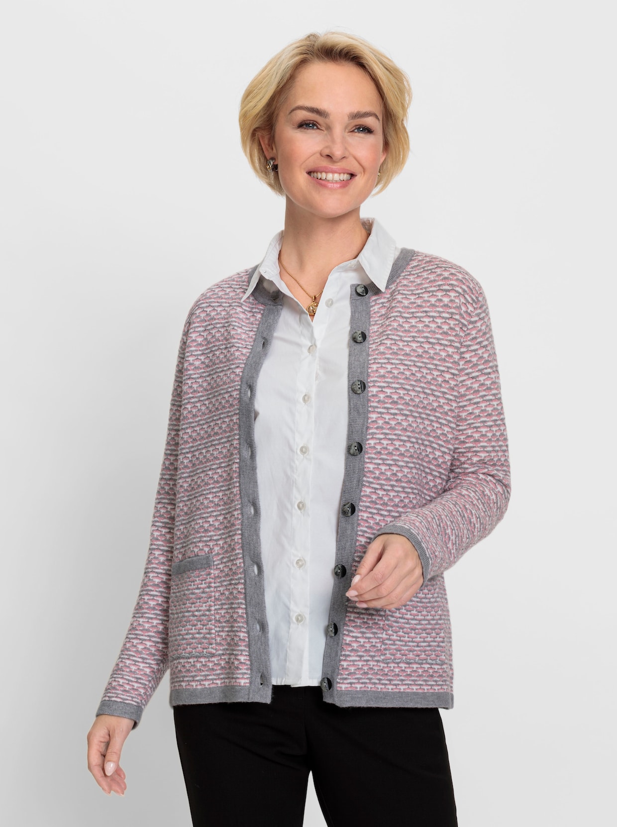 Strickjacke - hortensie-steingrau-gemustert