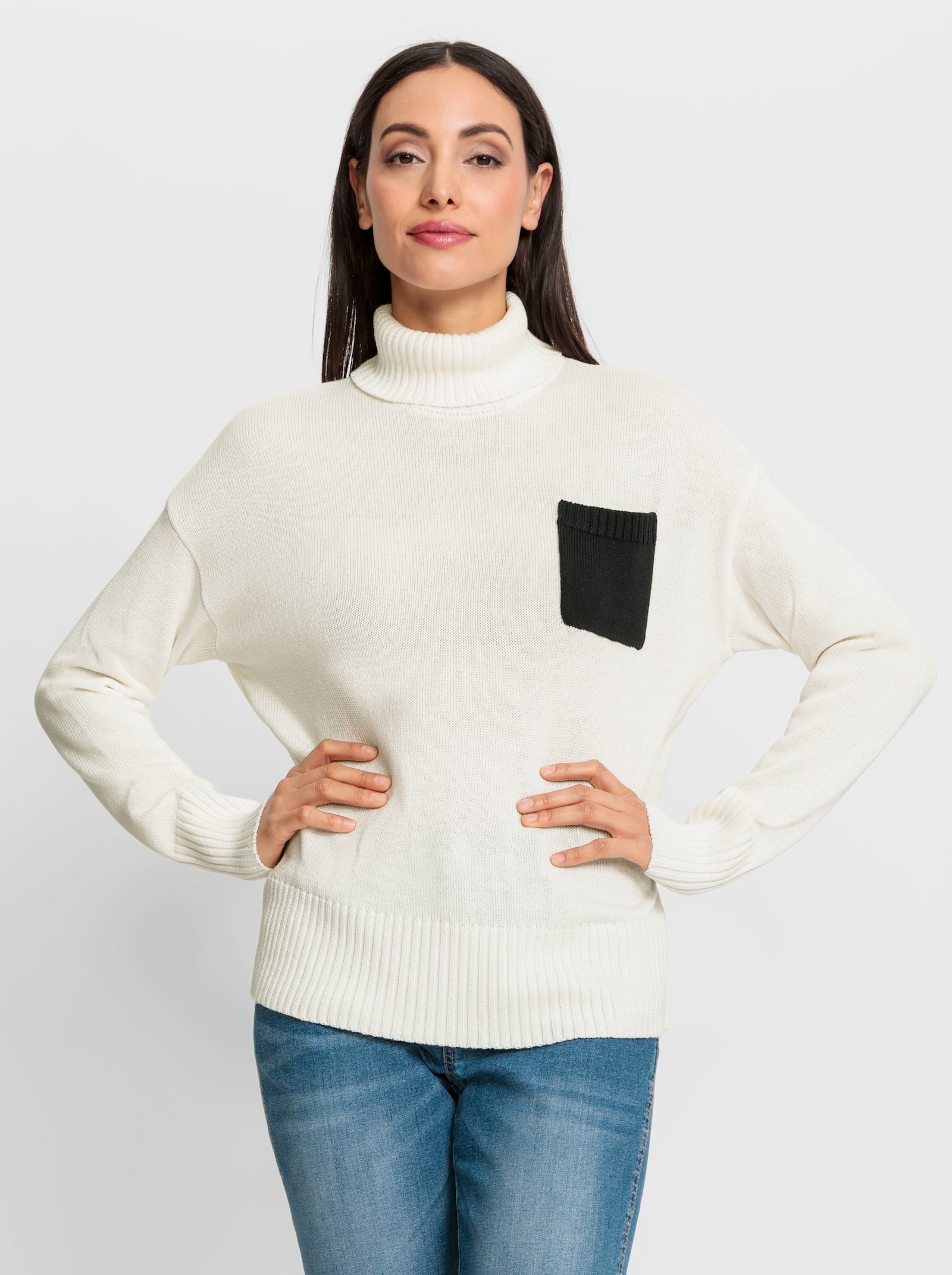 heine Pullover met rolkraag en contrastkleurige borstzak - ecru