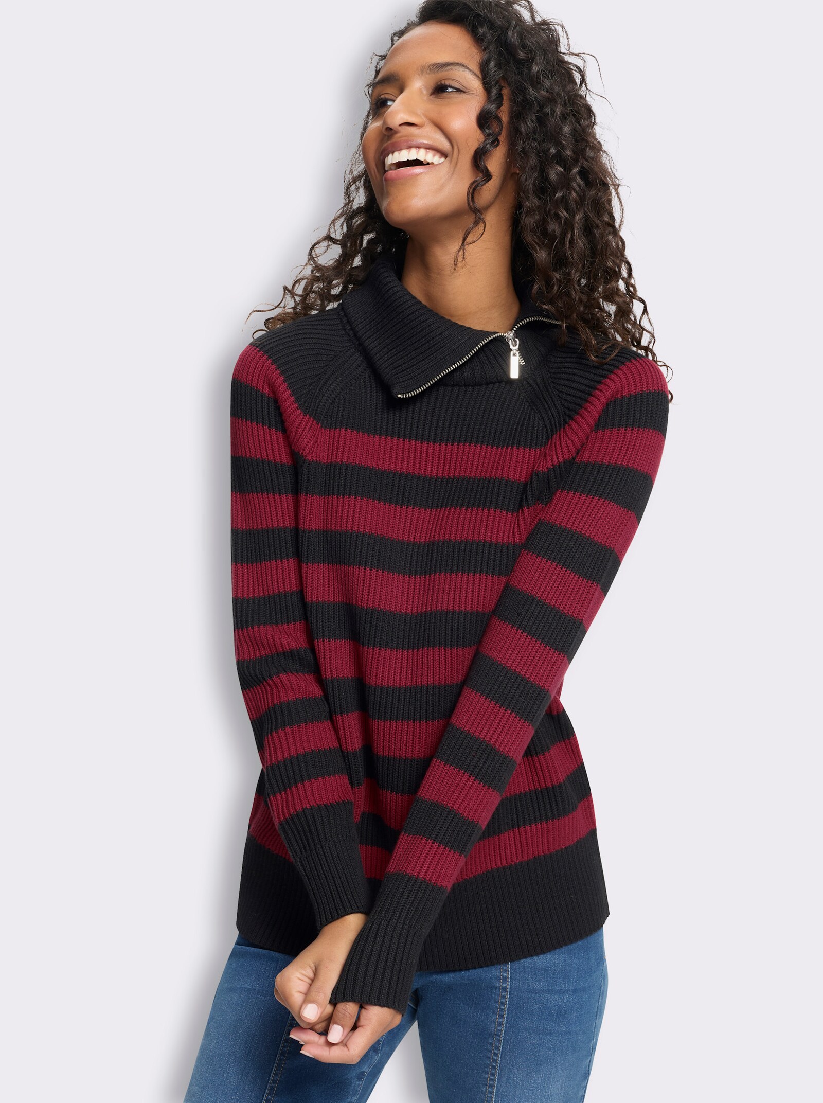 heine Langarm-Pullover mit Ringelstreifen - schwarz-kirsche-geringelt