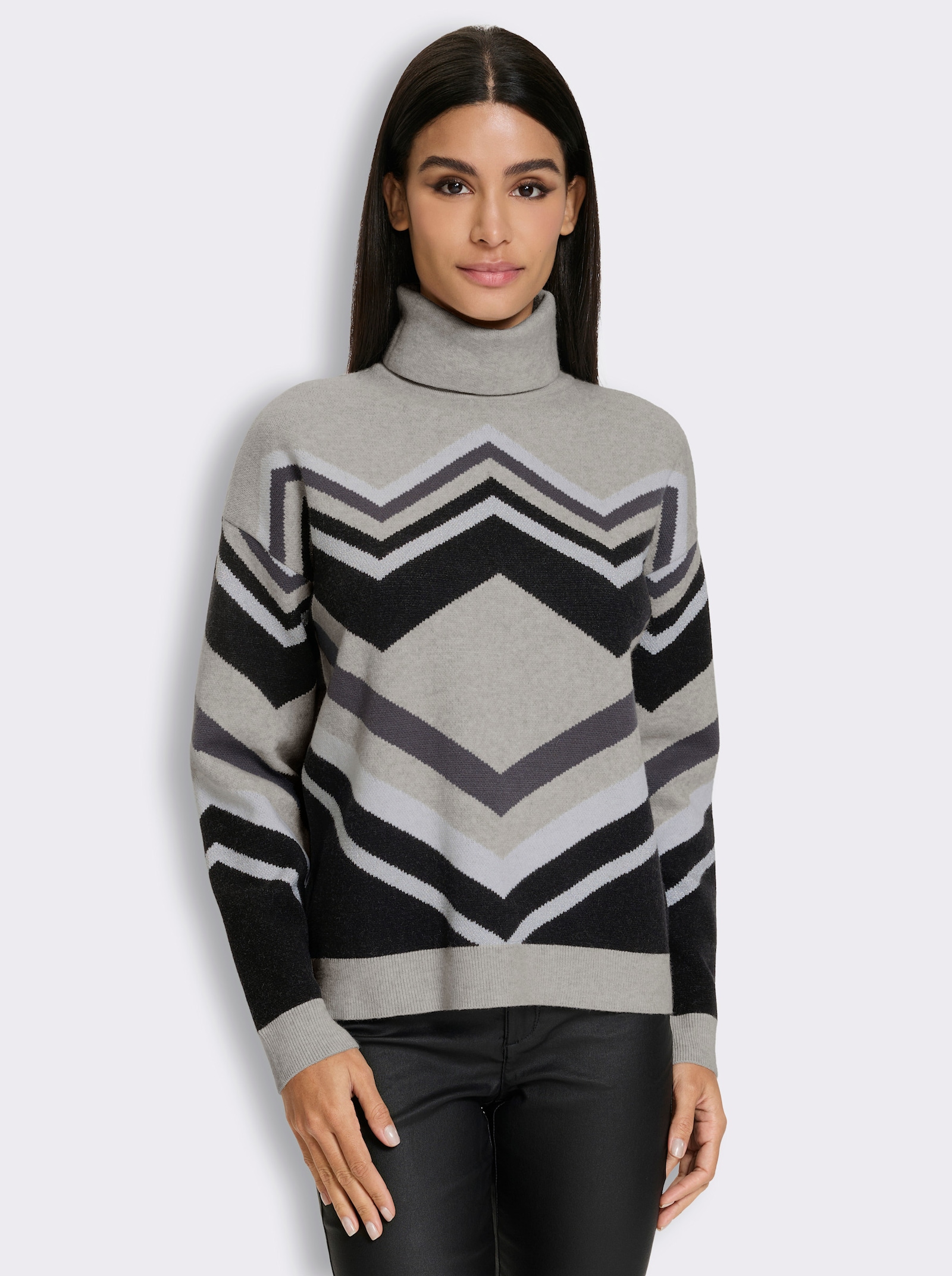 heine Rollkragenpullover mit Effektgarn - hellgrau-schwarz-gemustert