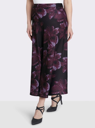 sheego Satinrock mit floralem Alloverprint - schwarz-burgund-bedruckt