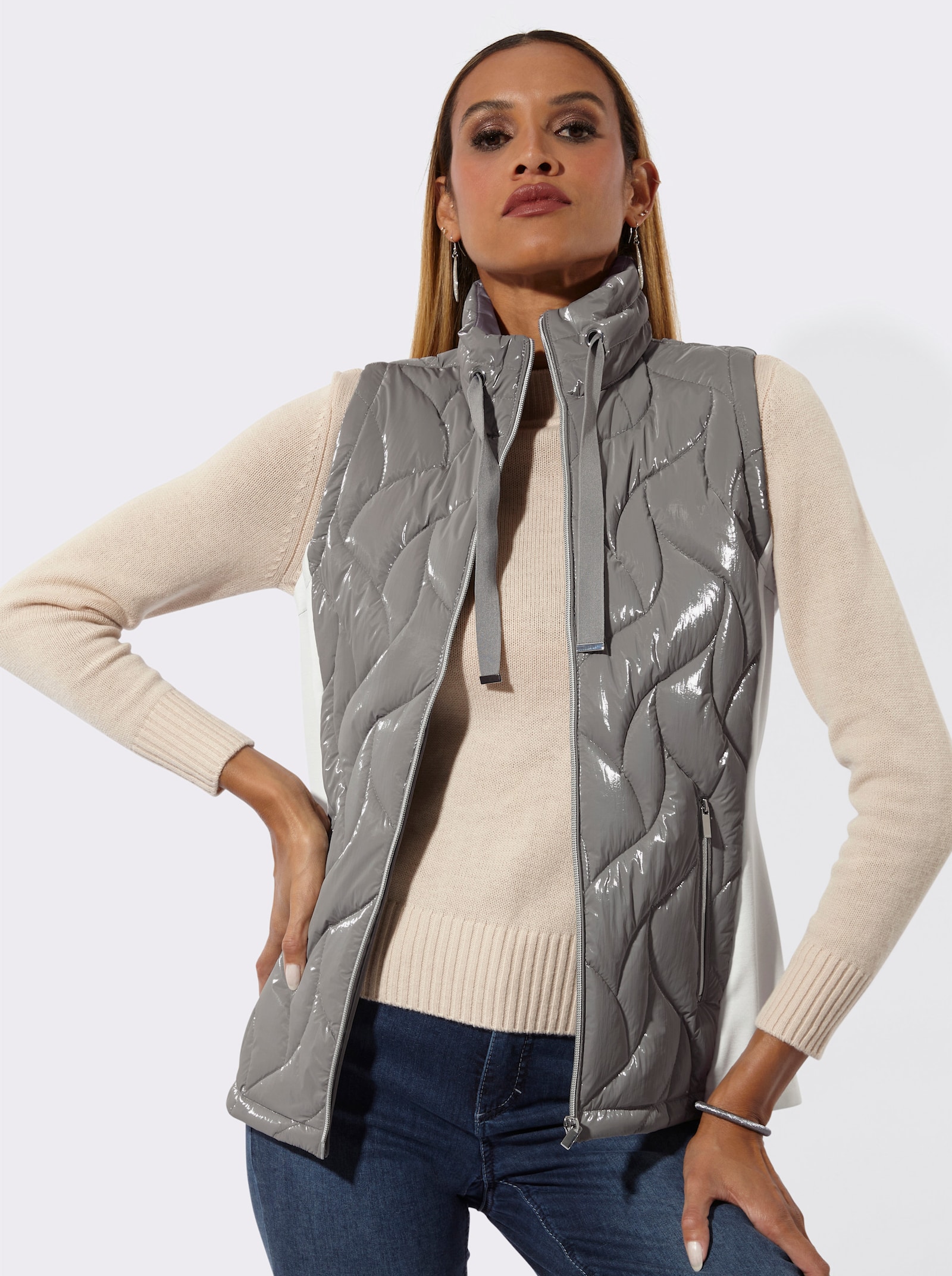 Steppweste mit seitlichen Einsätzen - grau-ecru