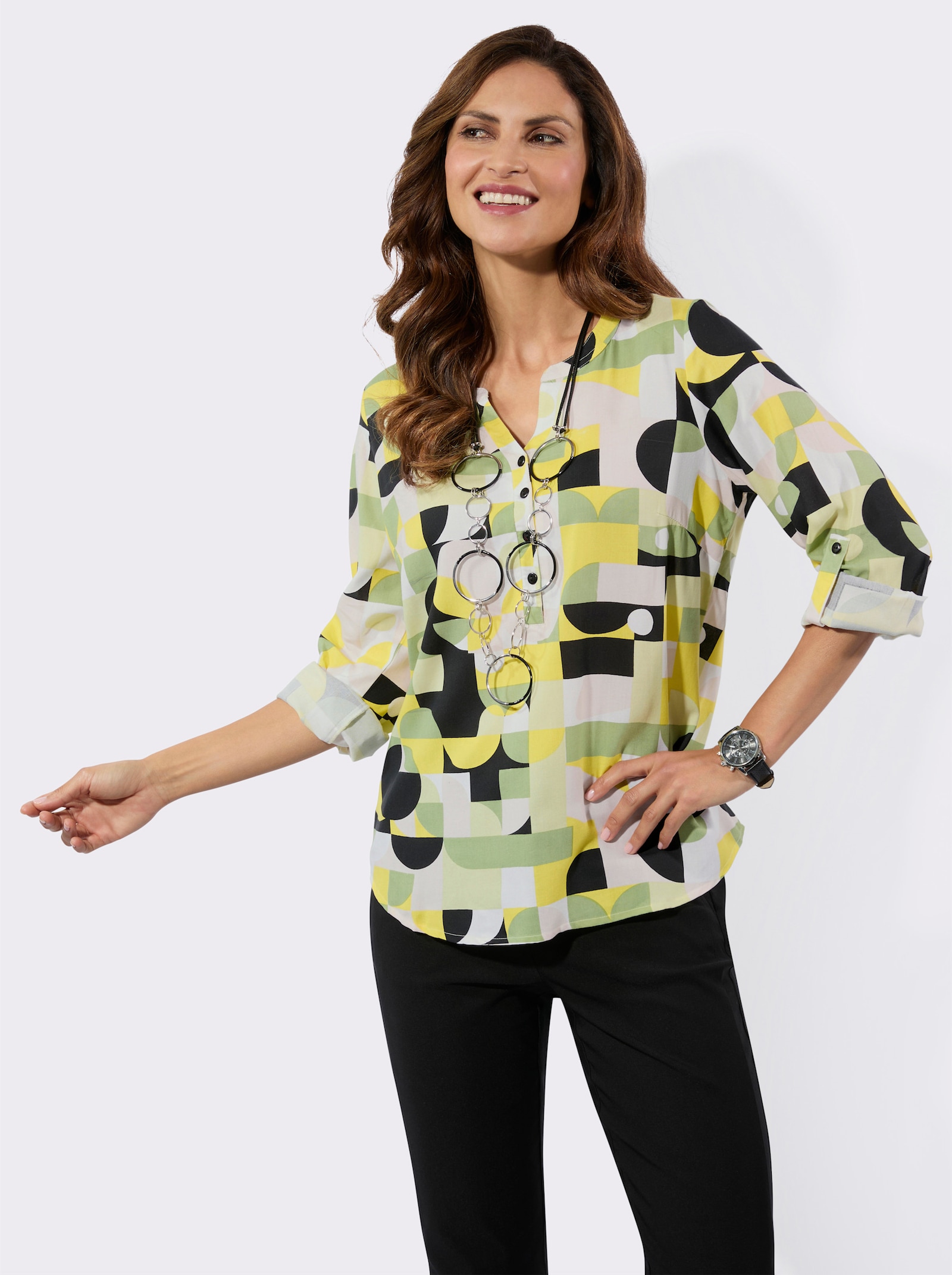 Druckbluse mit Krempelärmeln - pistazie-schwarz-bedruckt