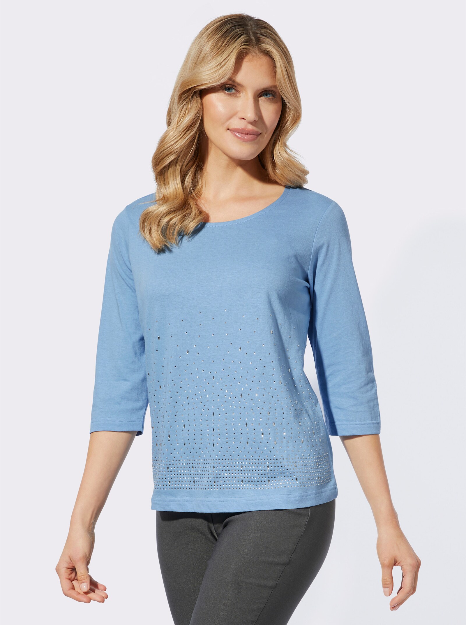 Tričko s 3/4 rukávmi a lesklými kamienkami - bledomodrá