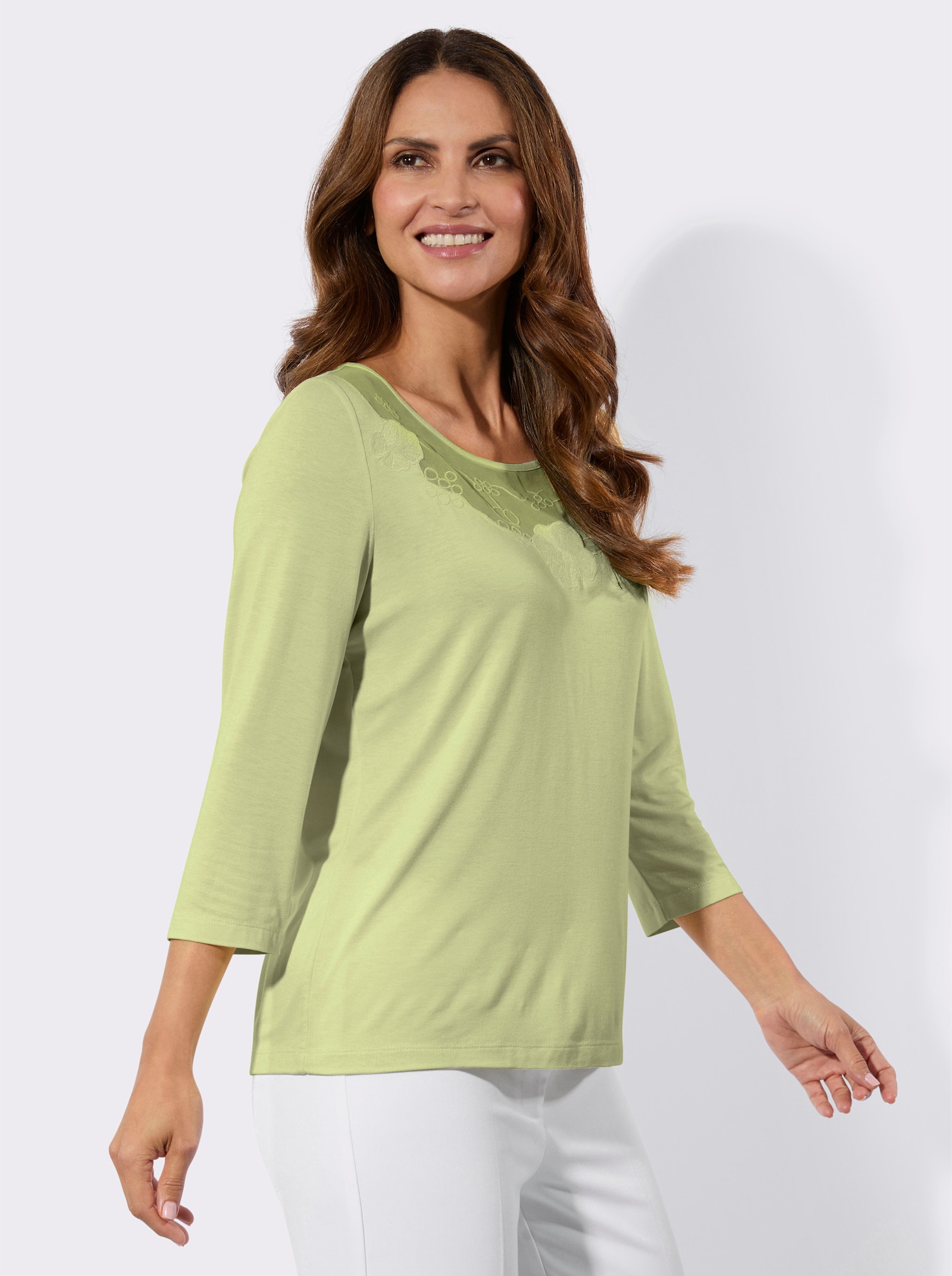 Shirt met 3/4-mouwen en transparante inzetten - pistache