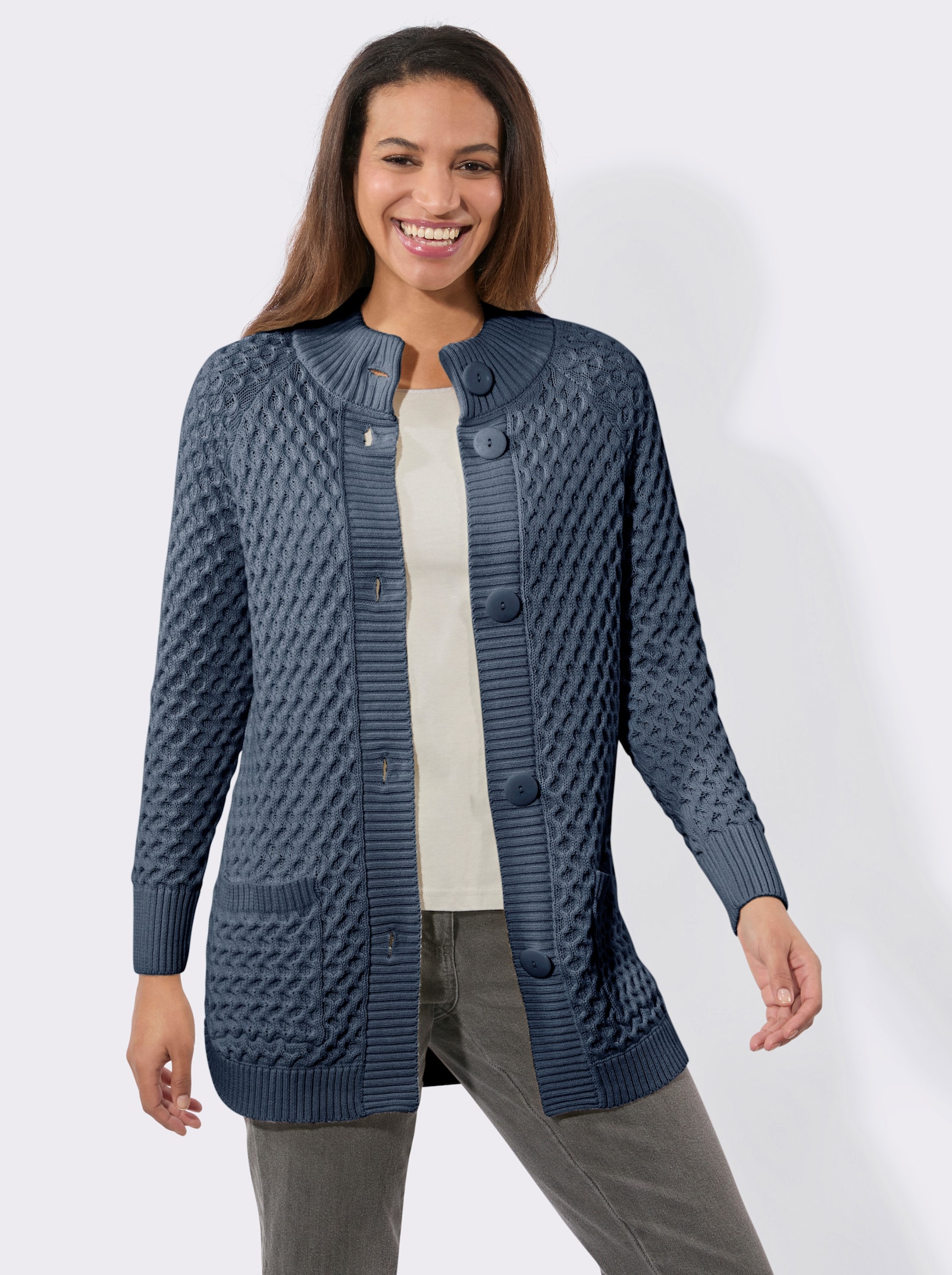 Veste longue en tricot avec poches - bleu fumée