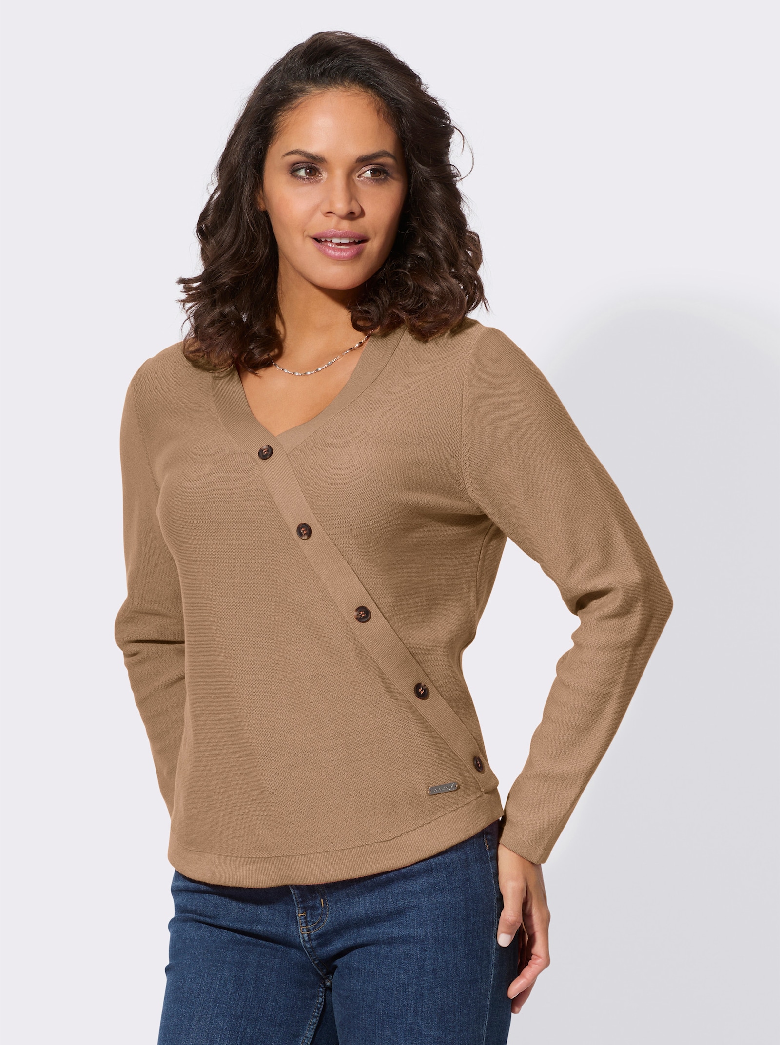 V-Ausschnitt-Pullover in Linksstrick-Optik - camel