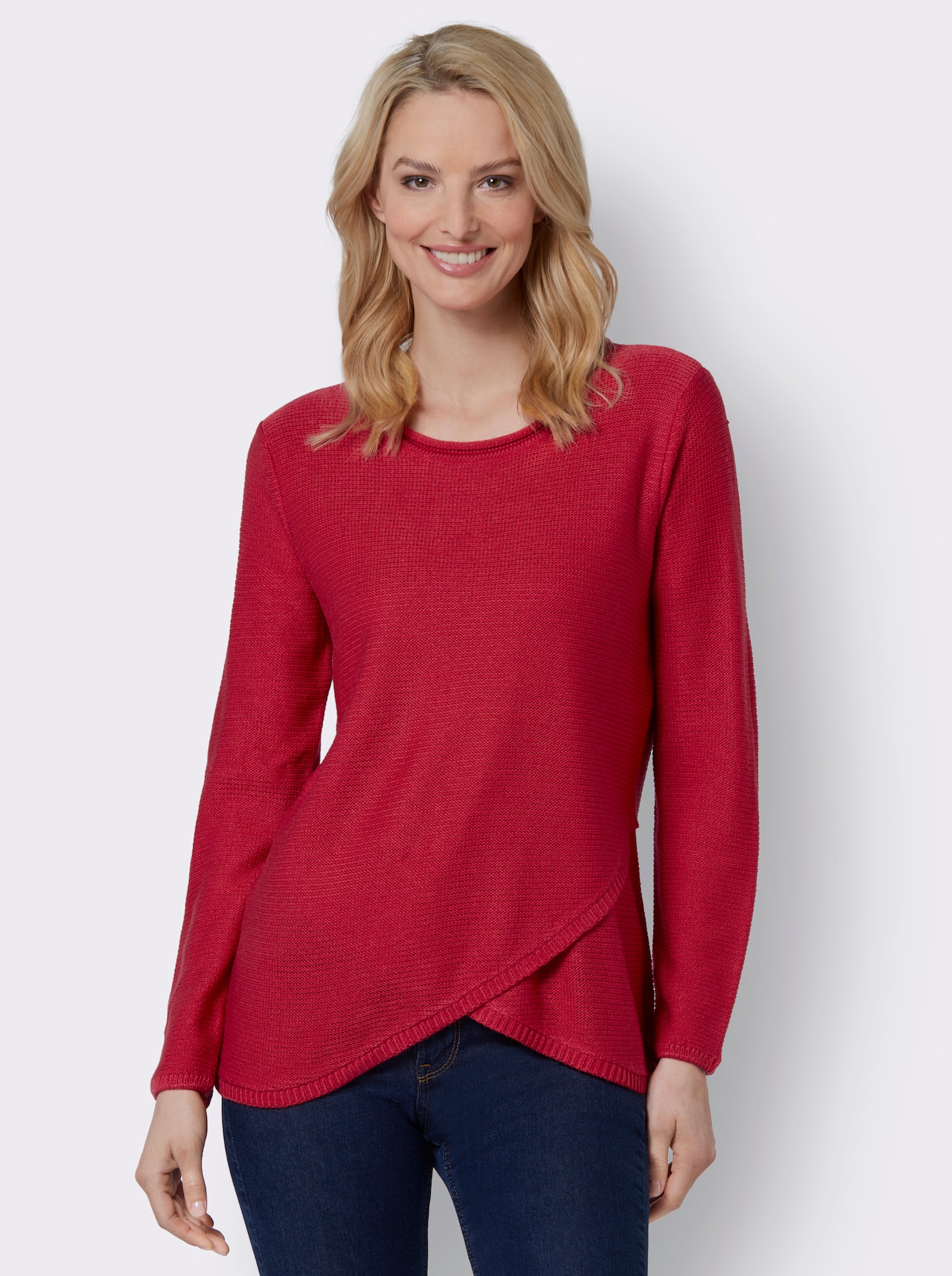 Langarm-Pullover mit asymmetrischem Saum - erdbeere