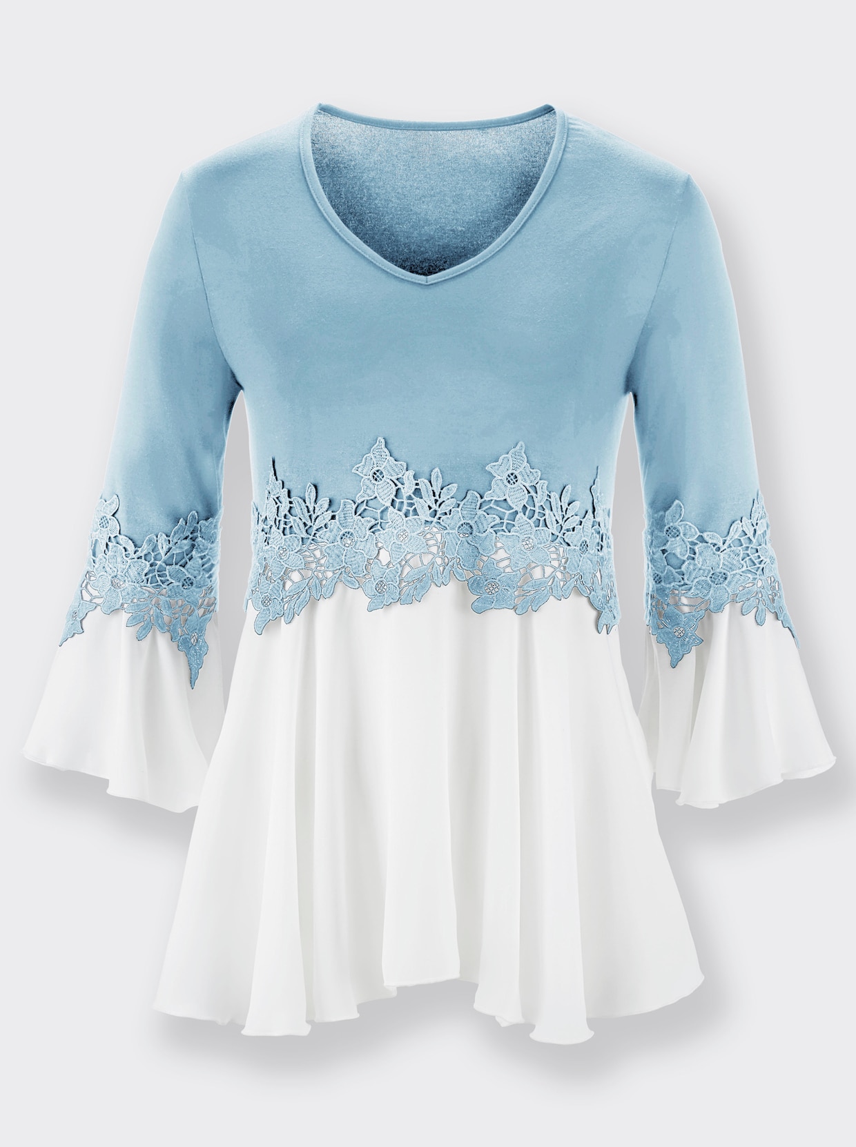 V-Shirt - eisblau-weiss