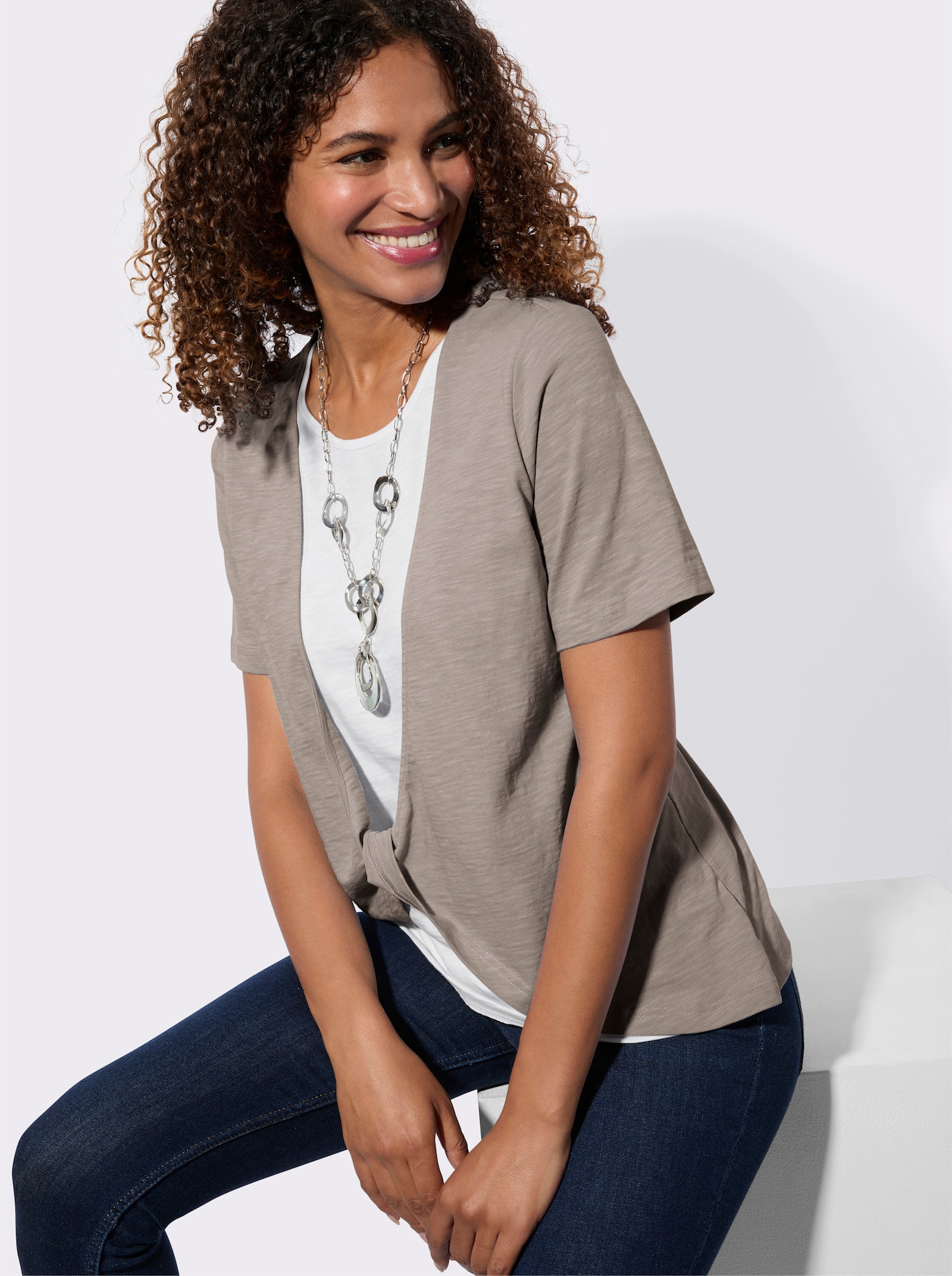 2-in-1-shirt met knoopdetail - taupe/ecru