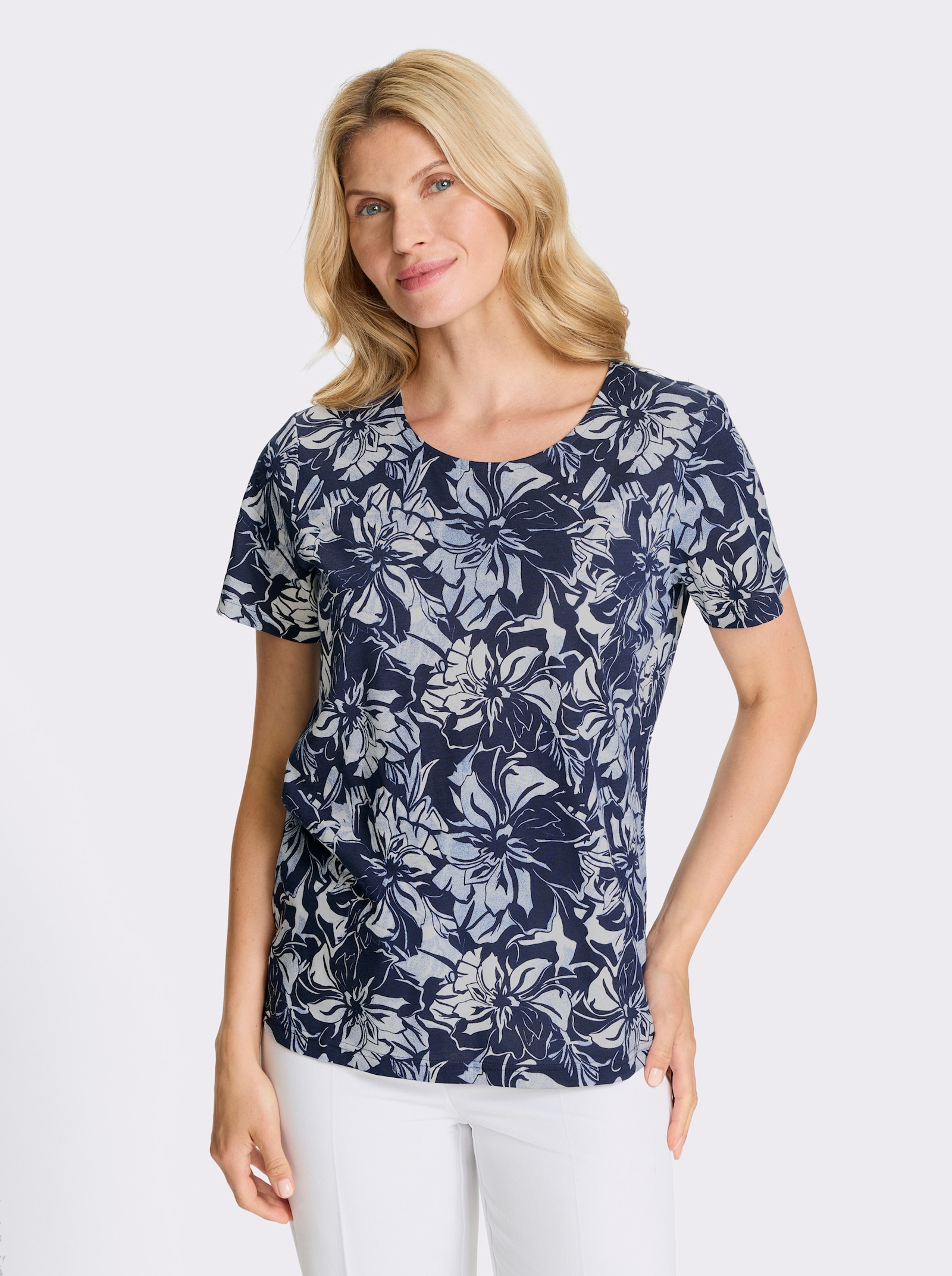 Shirt met korte mouwen en bloemmotief - marine/ecru geprint