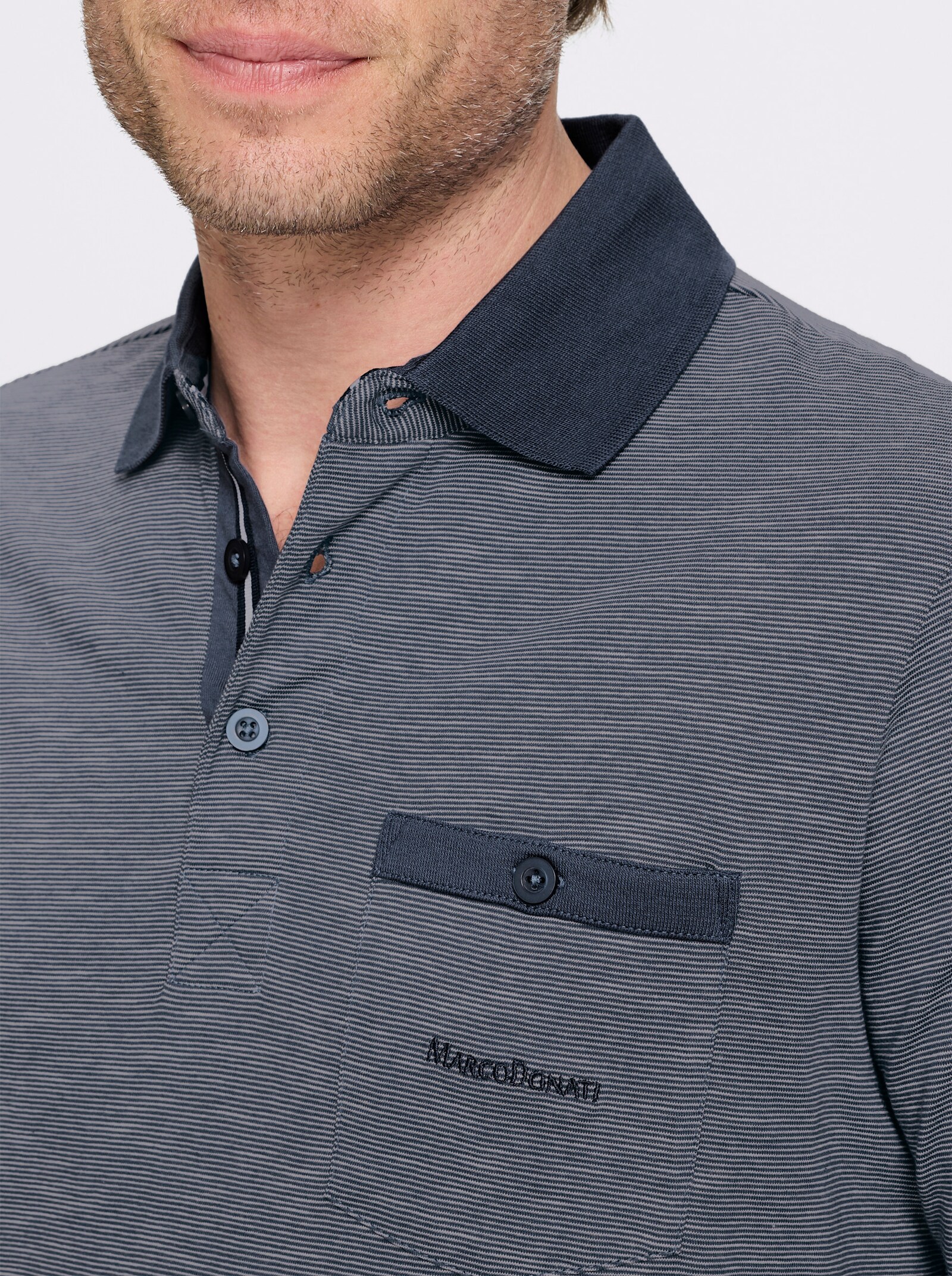 Marco Donati Langarm-Poloshirt im Streifendessin allover - rauchblau-gestreift