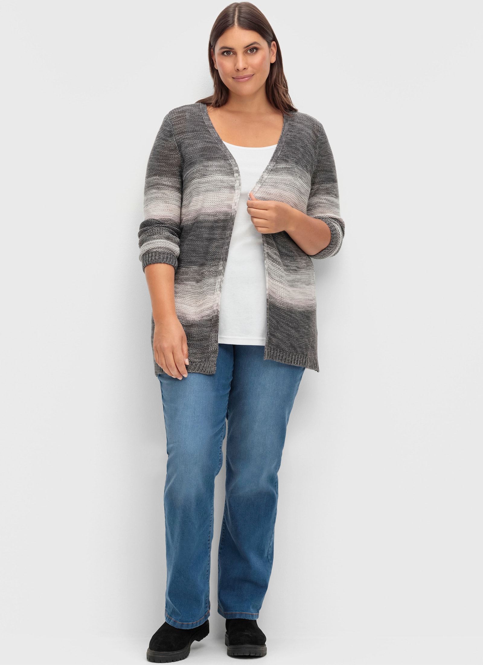 Strickjacke in langer, offener Form - grau-rosé